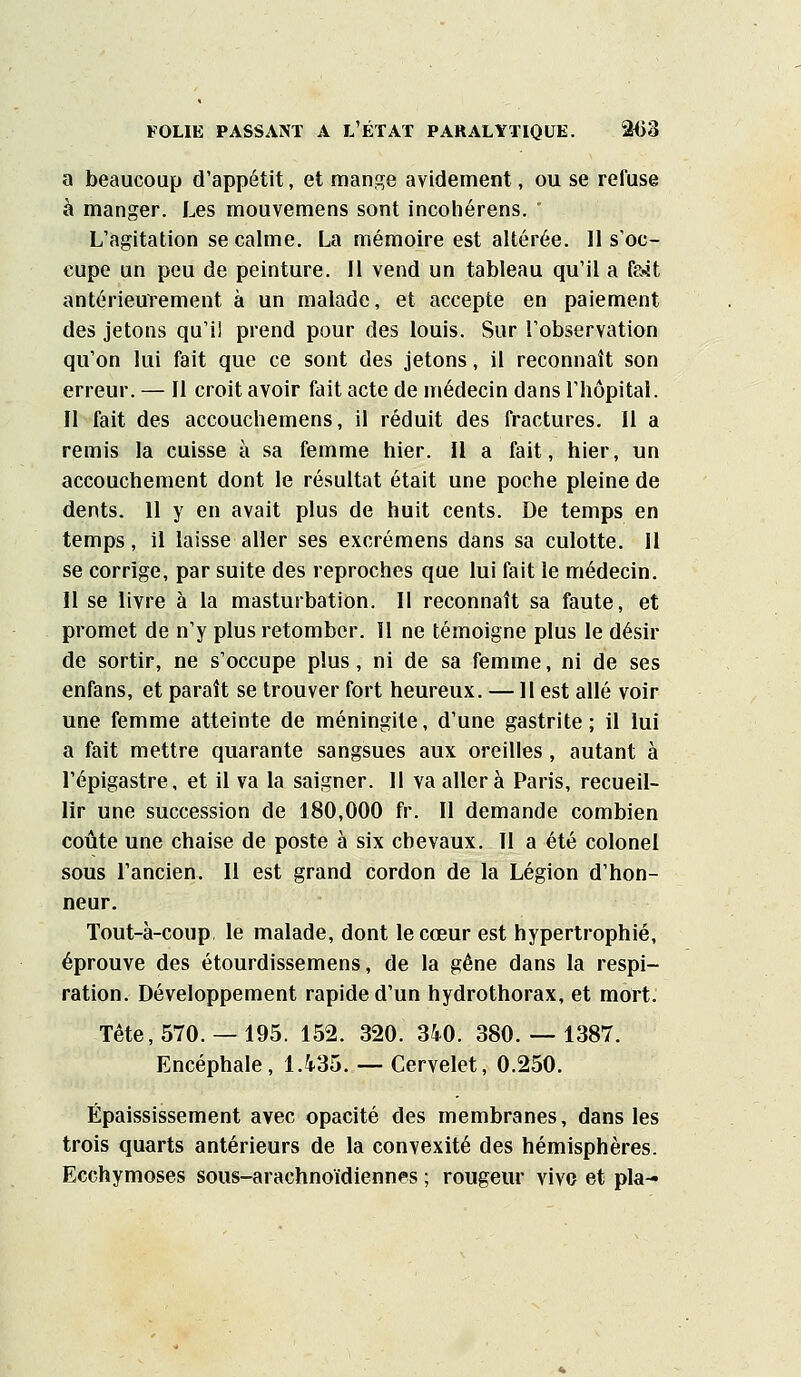 a beaucoup d'appétit, et mans^e avidement, ou se refuse à manger. Les mouvemens sont incohérens.  L'agitation se calme. La mémoire est altérée. Il s'oc- cupe un peu de peinture. Il vend un tableau qu'il a feit antérieurement à un malade, et accepte en paiement des jetons qu'il prend pour des louis. Sur l'observation qu'on lui fait que ce sont des jetons, il reconnaît son erreur. — Il croit avoir fait acte de médecin dans l'hôpital. Il fait des accouchemens, il réduit des fractures. Il a remis la cuisse à sa femme hier. Il a fait, hier, un accouchement dont le résultat était une poche pleine de dents. 11 y en avait plus de huit cents. De temps en temps, il laisse aller ses excrémens dans sa culotte. 11 se corrige, par suite des reproches que lui fait le médecin. Il se livre à la masturbation. Il reconnaît sa faute, et promet de n'y plus retomber. Il ne témoigne plus le désir de sortir, ne s'occupe plus, ni de sa femme, ni de ses enfans, et paraît se trouver fort heureux. — Il est allé voir une femme atteinte de méningite, d'une gastrite ; il lui a fait mettre quarante sangsues aux oreilles, autant à l'épigastre, et il va la saigner. Il va aller à Paris, recueil- lir une succession de 180,000 fr. Il demande combien coûte une chaise de poste à six chevaux. Il a été colonel sous l'ancien. Il est grand cordon de la Légion d'hon- neur. Tout-à-coup, le malade, dont le cœur est hypertrophié, éprouve des étourdissemens, de la gêne dans la respi- ration. Développement rapide d'un hydrothorax, et mort. Tête,570. — 195. 152. 320. 340. 380. — 1387. Encéphale, 1.435. — Cervelet, 0.250. Épaississement avec opacité des membranes, dans les trois quarts antérieurs de la convexité des hémisphères. Ecchymoses sous-arachnoïdiennes ; rougeur vivo et pla-