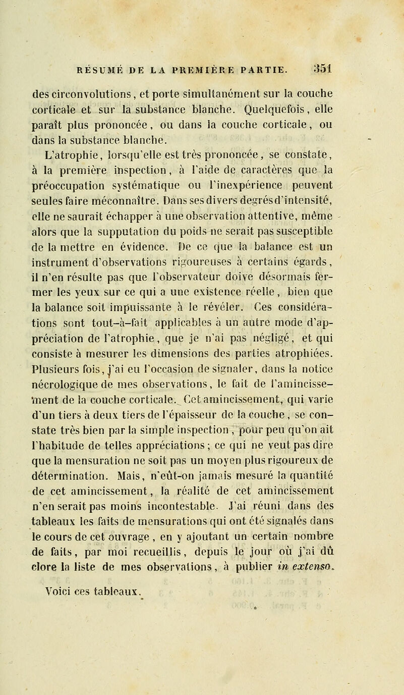 des circonvolutions, et porte simultanément sur la couche corticale et sur la substance blanche. Quelquefois, elle paraît plus prononcée, ou dans la couche corticale, ou dans la substance blanche. L'atrophie, lorsqu'elle est très prononcée, se constate, à la première inspection, à l'aide de caractères que la préoccupation systématique ou l'inexpérience peuvent seules faire méconnaître. Dans ses divers degrésd'intensité, elle ne saurait échapper à une observation attentive, même alors que la supputation du poids ne serait pas susceptible de la mettre en évidence. De ce que la balance est un instrument d'observations rigoureuses à certains égards, il n'en résulte pas que l'observateur doive désormais fer- mer les yeux sur ce qui a une existence réelle, bien que la balance soit impuissante à le révéler. Ces considéra- tions sont tout-à-fait applicables à un autre mode d'ap- préciation de l'atrophie, que Je n'ai pas négligé, et qui consiste à mesurer les dimensions des parties atrophiées. Plusieurs fois, j'ai eu l'occasion de signaler, dans la notice nécrologique de mes observations, le fait de l'amincisse- •ment de la couche corticale. Cet amincissement, qui varie d'un tiers à deux tiers de l'épaisseur de la couche , se con- state très bien par la simple inspection , pour peu qu'on ait l'habitude de telles appréciations ; ce qui ne veut pas dire que la mensuration ne soit pas un moyen plus rigoureux de détermination. Mais, n'eût-on jamais mesuré la quantité de cet amincissement, la réalité de cet amincissement n'en serait pas moins incontestable. J'ai réuni dans des tableaux les faits de mensurations qui ont été signalés dans le cours de cet ouvrage , en y ajoutant un certain nombre de faits, par moi recueillis, depuis le jour où j'ai dû clore la liste de mes observations, à publier in extemû. Voici ces tableaux.