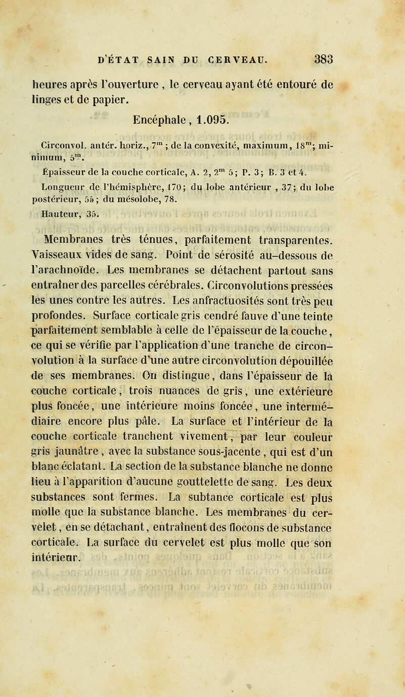 heures après l'ouverture , le cerveau ayant été entouré de linges et de papier. Encéphale, 1.095. Cirçonvol. antér. horiz., 7 ; de la convexité, maximum, 18'; mi- nimum, 5'. Épaisseur de la couche corticale, A. 2, 2 5; P. 3; B. 3 et 4. Longueur de l'hémisphère, 170; du lobe antérieur , 37; du lohe postérieur, 5â ; du mésolobe, 78. Hauteur, 35. Membranes très ténues, parfaitement transparentes. Vaisseaux vides de sang. Point de sérosité au-dessous de l'arachnoïde. Les membranes se détachent partout sans entraîner des parcelles cérébrales. Circonvolutions pressées les unes contre les autres. Les anfractuosités sont très peu profondes. Surface corticale gris cendré fauve d'une teinte parfaitement semblable à celle de l'épaisseur de la couche, ce qui se vérifie par l'application d'une tranche de circon- volution à la surface d'une autre circonvolution dépouillée de ses membranes. On distingue, dans l'épaisseur de la couche corticale, trois nuances de gris, une extérieure plus foncée, une intérieure moins foncée, une intermé- diaire encore plus pâle. La surface et l'intérieur de la couche corticale tranchent vivement, par leur couleur gris jaunâtre , avec la substance sous-jacente , qui est d'un blanc éclatant. La section de la substance blanche ne donne lieu à l'apparition d'aucune gouttelette de sang. Les deux substances sont fermes. La subtance corticale est plus molle que la substance blanche. Les membranes du cer- velet , en se détachant, entraînent des flocons de substance corticale. La surface du cervelet est plus molle que son intérieur.