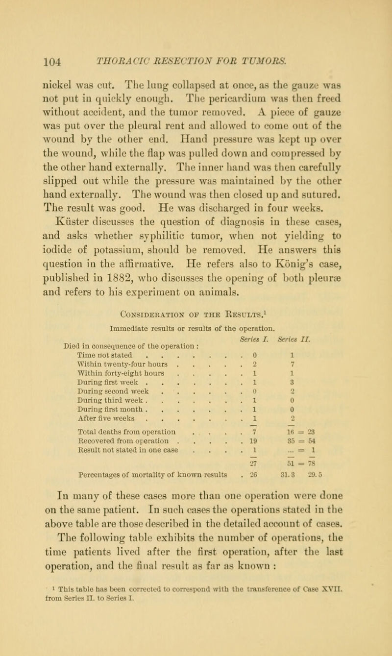 nickel was cut. Tlio Inng collapsed at once, as tiie gauze was not put in quickly enough. Tiie pericardium was then freed without accident, and the tumor removed, A piece of gauze was put over the pleural rent and allowed to come out of the wound by the other end. Hand pressure was kept up over the wound, while the flap was pulled down and compressed by the other hand externally. The inner hand was then carefully slipped out while the pressure was maintained by the other hand externally. The wound was then closed up and sutured. The result was good. He was discharged in four weeks. Kiister discusses the question of diagnosis in these cases, and asks whether syphilitic tumor, when not yielding to iodide of potassium, should be removed. He answers this question in the affirmative. He refers also to Konig's case, published in 1882, who discusses the opening of both pleune and refers to his experiment on animals. Consideration of the Results.' Immediate results or results of the operation. Series I. Series II. Died in consequence of the operation : Time not stated 0 1 Within twenty-four hours 2 7 Within forty-eight hours 1 1 During first week 1 3 During second week 0 2 During third week 1 0 During first month 1 0 After five weeks 1 2 Total deaths from operation .... 7 16 = 23 Recovered from operation 19 35 = 54 Result not stated in one case . . .1 ... = 1 27 61 = 7S Percentages of mortality of known results . 26 81.3 29.5 In many of these cases more than one operation wore done on the same patient. In such cases the operations stated in the above table are those described in the detailed account of cases. The following table exhibits the number of operations, the time patients lived after the first operation, after the last operation, and the final result as far as known : 1 This table has been corrected to correspond with the transference of Case XVII. Irom Series II. to Series I.