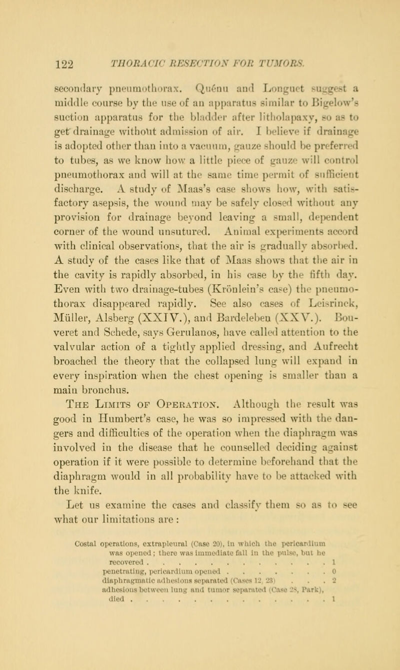 seconilary piuniniDtliDrax. (^mc'iiii ami Loiigiict suj^gest a middle course by the ii.se of an apparatus similar to Bijjelow's suction apparatus for the bladder after litholapaxv, so as to get drainage without admission of air, I believe if drainage is ado[)ted otlicr than into a vacuum, <:;au/,e should be preferred to tubes, as we know how a little piece of eaiizr- will control pneumothorax and will at the same time- permit of sufficient discharge. A study of Maas's case shows how, with satis- factory asepsis, the wound may be safely closed without any provision for drainage beyond leaving a small, dejiendent corner of the wound unsutured. Animal experiments accord with clinical observations, that the air is gradually absorl»ed. A study of the cases like that of ]\Iaas shows that the air in the cavity is rapidly absorbed, in his case by the fifth day. Even with two drainage-tubes (Kroulein's case) the pneumo- thorax disap[)eared rapidly. See also cases of Lci>rinck, Miiller, Alsberg (XXIV.), and Bardelebeu (XXV.). IJou- veret and Schede, says Gerulanos, have called attention to the valvular action of a tightly applied dressing, and Aufrecht broached the theory that the collapsed lung will expand in every inspiration when the chest opening is smaller than a maiu bronchus. The Limits of Operation. Although the result was good in Humbert's case, he was so impressed with the dan- gers and difficulties of the operation when the diaphragm was involved in the disease that he counselled deciding against operation if it were possible to determine beforehand that the diaphragm would in all probability have to be attacked with the knife. Let us examine the cases and classify them so as to see what our limitations are : Costal operations, extrapleural (Case 20), in which the perlcanlium was oi>cncd; there was Immediate fall in the ptilso, but he recovered 1 penetrating, iiericardium oj>ene<i 0 diaphrngtnalic adhesions sei^initod (Cases \'l JS) . . .2 adhesions botweoii Inng and tumor seiwnited (Case -'*, Park), died 1