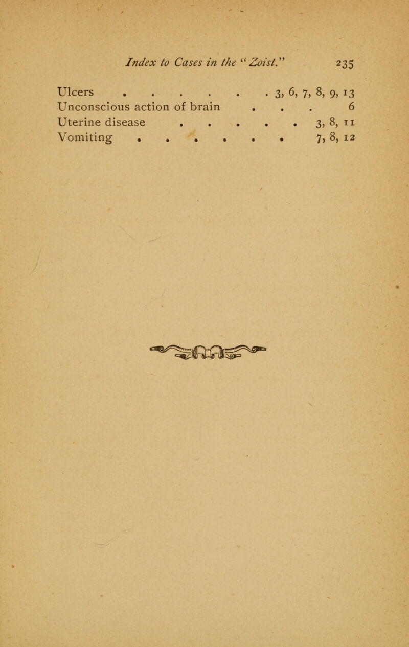 Ulcers 3, 6, 7, 8, 9, 13 Unconscious action of brain ... 6 Uterine disease 3, 8, 11 Vomiting 7, 8, 12 cm^i%£^^