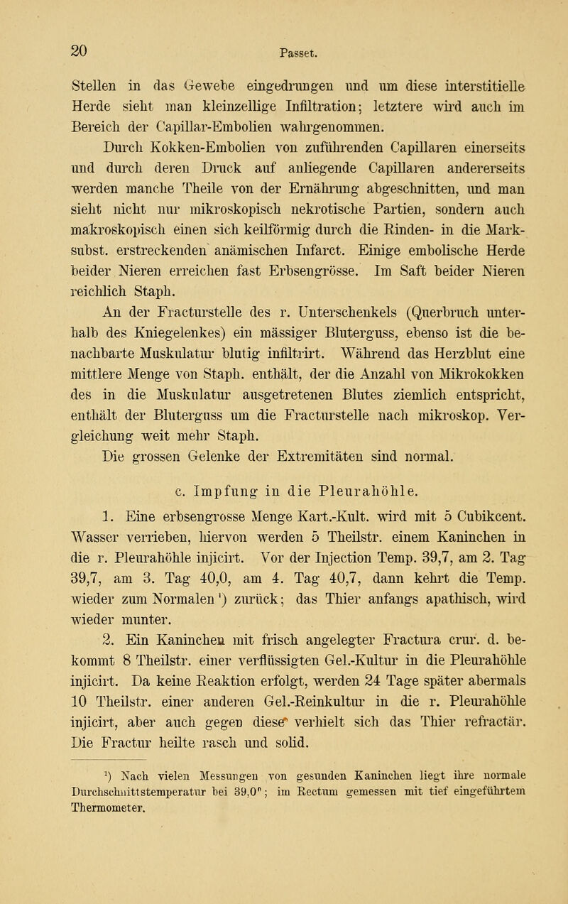 Stellen in das Gewebe eingedrungen und um diese interstitielle Herde sieht man kleinzellige Infiltration; letztere wü'd auch iai Bereich der Capillar-Embolien walu'genommen. Durch Kokken-Emholien von zuführenden Capillaren einerseits und durch deren Druck auf anliegende Capillaren andererseits werden manche Theile von der Ernährung abgeschnitten, und man sieht nicht nur mikroskopisch nekrotische Partien, sondern auch makroskopisch einen sich keüförmig durch die Rinden- in die Mark- subst. erstreckenden anämischen lufarct. Einige embolische Herde beider Nieren erreichen fast Erbsengrösse. Im Saft beider Nieren reichlich Staph. An der Fracturstelle des r. Unterschenkels (Querbruch unter- halb des Kniegelenkes) ein massiger Bluterguss, ebenso ist die be- nachbarte Muskulatui' blutig infiltrirt. Während das Herzblut eine mittlere Menge von Staph. enth9,lt, der die Anzahl von Mikrokokken des in die Muskulatur ausgetretenen Blutes ziemlich entspricht, enthält der Bluterguss um die Fracturstelle nach mikroskop. Ver- gleichung weit mehr Staph. Die grossen Gelenke der Extremitäten sind normal. c. Impfung in die Pleurahöhle. 1. Eine erbsengrösse Menge Kart.-Kult. wird mit 5 Cubikcent. Wasser verrieben, hiervon werden 5 Theilstr. einem Kaninchen in die r. Pleurahöhle injicirt. Vor der Injection Temp. 39,7, am 2. Tag 39,7, am 3. Tag 40,0, am 4. Tag 40,7, dann kehrt die Temp. wieder zum Normalen ') zurück; das Thier anfangs apathisch, wird wieder munter. 2. Ein Kaninchen mit frisch angelegter Fractura crur. d. be- kommt 8 Theilstr. einer verflüssigten Gel.-Kultur in die Pleurahöhle injicirt. Da keine Reaktion erfolgt, werden 24 Tage später abermals 10 Theilstr. einer anderen Gel.-Reinkultur in die r. Pleurahöhle injicirt, aber auch gegen diese verhielt sich das Thier refi'actär. Die Fractur heilte rasch und solid. ^) Nach vielen Messungeu von gesiinden Kaninchen liegt ihre normale Durchschnittstemperatnr bei 39,0; im Rectum gemessen mit tief eingefühitem Thermometer.