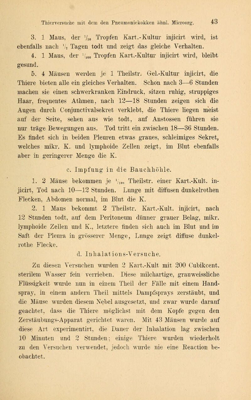 3. 1 Maus, der Vjo Tropfen Kart.-Kultur injicirt wird, ist ebenfalls nach '/, Tagen todt und zeigt das gleiche Verhalten. 4. 1 MauSj der \/,oo Tropfen Kart.-Kultur injicirt wird, bleibt gesund. 5. 4 Mäusen werden je 1 Theilstr. Gel.-Kultur injicirt, die Thiere bieten alle ein gleiches Verhalten. Schon nach 3—6 Stunden machen sie einen schwerkranken Eindruck, sitzen ruhig, struppiges Haar, frequentes Athmen, nach 12—18 Stunden zeigen sich die Augen dmxh Conjunctivalsekret verklebt, die Thiere liegen meist auf der Seite, sehen aus wie todt, auf Anstosseu führen sie nur träge Bewegungen aus. Tod tritt ein zwischen 18—36 Stunden. Es findet sich in beiden Pleuren etwas graues, schleimiges Sekret, welches mikr. K. und lymphoide Zellen zeigt, im Blut ebenfalls aber in geringerer Menge die K. c. Impfung in die Bauchhöhle. 1. 2 Mäuse bekommen je '/s,,,, Theilstr. einer Kart.-Kult. in- jicirt, Tod nach 10—12 Stunden. Lunge mit diffusen dunkelrothen Flecken, Abdomen normal, im Blut die K. 2. 1 Maus bekommt 2 Theilstr. Kart.-Kult. injicirt, nach 12 Stunden todt, auf dem Peritoneum dünner grauer Belag, mikr. lymphoide Zellen und K., letztere finden sich auch im Blut und im Saft der Pleura in grösserer Menge, Limge zeigt diffuse dunkel- rothe Flecke. d. Inhalations-Versuche. Zu diesen Versuchen wurden 2 Kart.-Kult mit 200 Cubikcent. sterilem Wasser fein verrieben. Diese milchartige, grauweissliche Flüssigkeit wm^de nun in einem Theil der Fälle mit einem Hand- spray, in einem andern Theil mittels Dampfsprays zerstäubt, und die Mäuse wurden diesem Nebel ausgesetzt, und zwar wurde darauf geachtet, dass die Thiere möglichst mit dem Kopfe gegen den Zerstäubungs-Apparat gerichtet waren. Mit 43 Mäusen wurde auf diese Art experimentirt, die Dauer der Inhalation lag zwischen 10 Minuten und 2 Stunden; einige Thiere wurden wiederholt zu den Versuchen verwendet, jedoch wurde nie eine Eeaction be- obachtet.