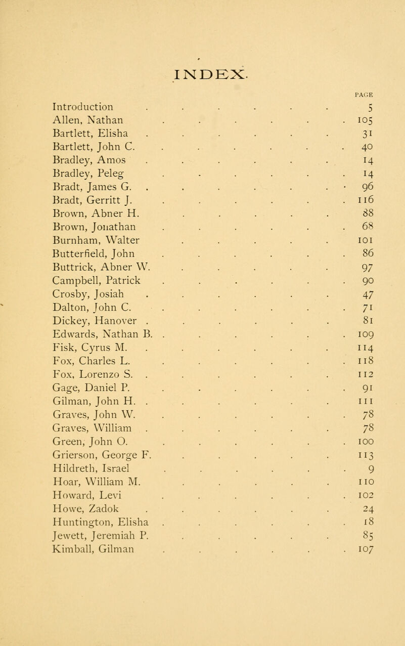 INDEX. PAGE Introduction ...... 5 Allen, Nathan . . . . . .105 Bartlett, Elisha . . . . . . 31 Bartlett, John C. . . . . . . 40 Bradley, Amos . . . . . . 14 Bradley, Peleg . . . . . -14 Bradt, James G. . . . . . . • 96 Bradt, Gerritt J. . . . . . .116 Brown, Abner H. . . . . . 88 Brown, Jonathan . . . . . .68 Burnham, Walter . . . . . 101 Butterfield, John . . . . . .86 Buttrick, Abner W. ..... 97 Campbell, Patrick . . . . . .90 Crosby, Josiah ...... 47 Dalton, John C. . . . . . .71 Dickey, Hanover . . . . . . 81 Edwards, Nathan B. . . . . . . 109 Fisk, Cyrus M. . . . . . . 114 Fox, Charles L. . . . . . .118 Fox, Lorenzo S. . . . . . . 112 Gage, Daniel P. . . . . . -91 Gilman, John H. . . . . . . iii Graves, John W. . . . . . -7^ Graves, William ...... 78 Green, John O. . . . . , .100 Grierson, George F. . . . . . 113 Hildreth, Israel ...... 9 Hoar, William M. . . . . .110 Howard, Levi . . . . . .102 Howe, Zadok ...... 24 Huntington, Elisha . . . . . .18 Jewett, Jeremiah P. ..... 85 Kimball, Gilman . . . . . .107