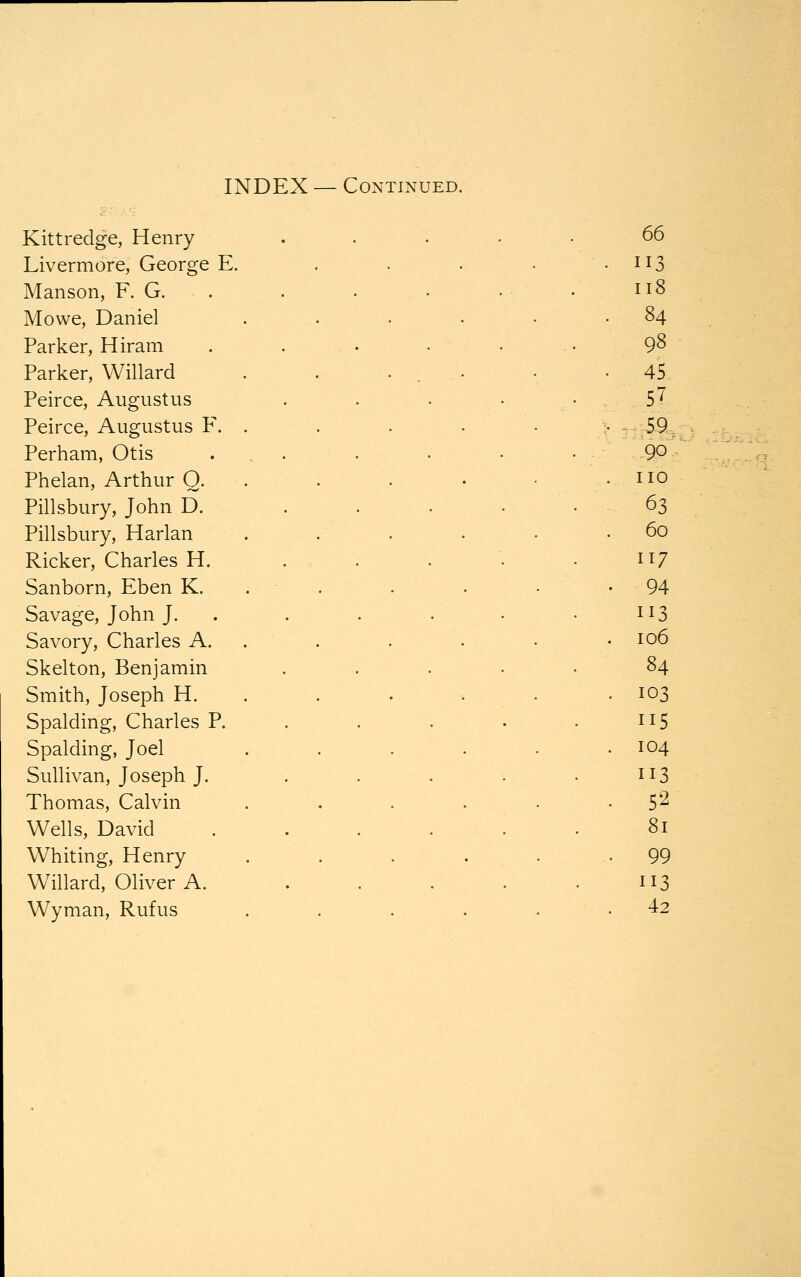 INDEX — Continued. Kittredge, Henry . .... 66 Livermore, George E. . . . • • 113 Manson, F. G. . . . • • • nS Mowe, Daniel . ... . • • .84 Parker, Hiram . . • - • . • 9^ Parker, VVillard . . ... • -45 Peirce, Augustus . . • • • 5^ Peirce, Augustus F. . . . . . % „^^jgii^.. Perham, Otis . , . . . . • QO ^' -nZ^r Phelan, Arthur Q. . . . • • .no Pillsbury, John D. . . . . .63 Pillsbury, Harlan . . . . • .60 Ricker, Charles H. . . . . . 117 Sanborn, Eben K. . . . . • -94 Savage, John J. . . . . . • 113 Savory, Charles A. . . . . • .106 Skelton, Benjamin ..... §4 Smith, Joseph H. . . . . . .103 Spalding, Charles P. . . . . . nS Spalding, Joel . . . . . .104 Sullivan, Joseph J. . . . . . 113 Thomas, Calvin . . . . . -5^ Wells, David . . . . . • 81 Whiting, Henry . . . . . -99 Willard, Oliver A. . . ... 113
