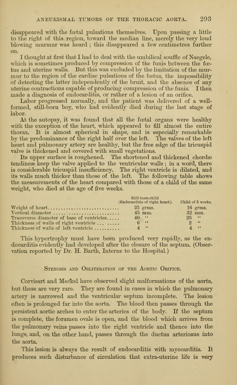 disappeared with the foetal pulsations themselves. Upon passing a little to the right of this region, toward the median line, merely the very loud blowing murmur was heard ; this disappeared a few centimetres further on. I thought at first that I had to deal with the umbilical souffle of Naegele, which is sometimes produced by compression of the funis between the foe- tus and uterine walls. But this was excluded by the limitation of the mur- mur to the region of the cardiac pulsations of the foetus, the impossibility of detecting the latter independently of the bruit, and the absence of any uterine contractions capable of producing compression of the funis. I then made a diagnosis of endocarditis, or rather of a lesion of an orifice. Labor progressed normally, and the patient was delivered of a well- formed, still-born boy, who had evidently died during the last stage of labor. At the autopsy, it was found that all the foetal organs were healthy with the exception of the heart, which appeared to fill almost the entire thorax. It is almost spherical in shape, and is especially remarkable by the predominance of the right half over the left. The valves of the left heart and pidnionary artery are healthy, but the free edge of the tricuspid valve is thickened and covered with small vegetations. Its upper surface is roughened. The shortened and thickened chordae tendinese keep the valve applied to the ventricular walls ; in a word, there is considerable tricuspid insufficiency. The right ventricle is dilated, and its walls much thicker than those of the left. The following table shows the measurements of the heart compared with those of a child of the same weight, who died at the age of five weeks. Still-born child (Endocarditis of right heart). Child of 5 weeks. ■Weight of heart 25 grms. 16 grms. Vertical diameter 45 mm. 32 ram. Transverse diameter of base of ventricles 40  25  Thickness of walls of right ventricle 6  2  Thickness of walls of left ventricle 4  4  This hypertrophy must have been produced very rapidly, as the en- docarditis evidently had developed after the closure of the septum. (Obser- vation reported by Dr. H. Barth, Interne to the Hospital.) Stenosis and Obliteration of the Aortic Orifice. Corvisart and Meckel have observed slight malformations of the aorta, but these are very rare. They are found in cases in which the pulmonary artery is narrowed and the ventricular septum incomplete. The lesion often is prolonged far into the aorta. The blood then passes through the persistent aortic arches to enter the arteries of the body. If the septum is complete, the foramen ovale is open, and the blood which arrives from the pulmonary veins passes into the right ventricle and thence into the lungs, and, on the other hand, passes through the ductus arteriosus into the aorta. This lesion is always the result of endocarditis with myocarditis. It produces such disturbance of circulation that extra-uterine life is very