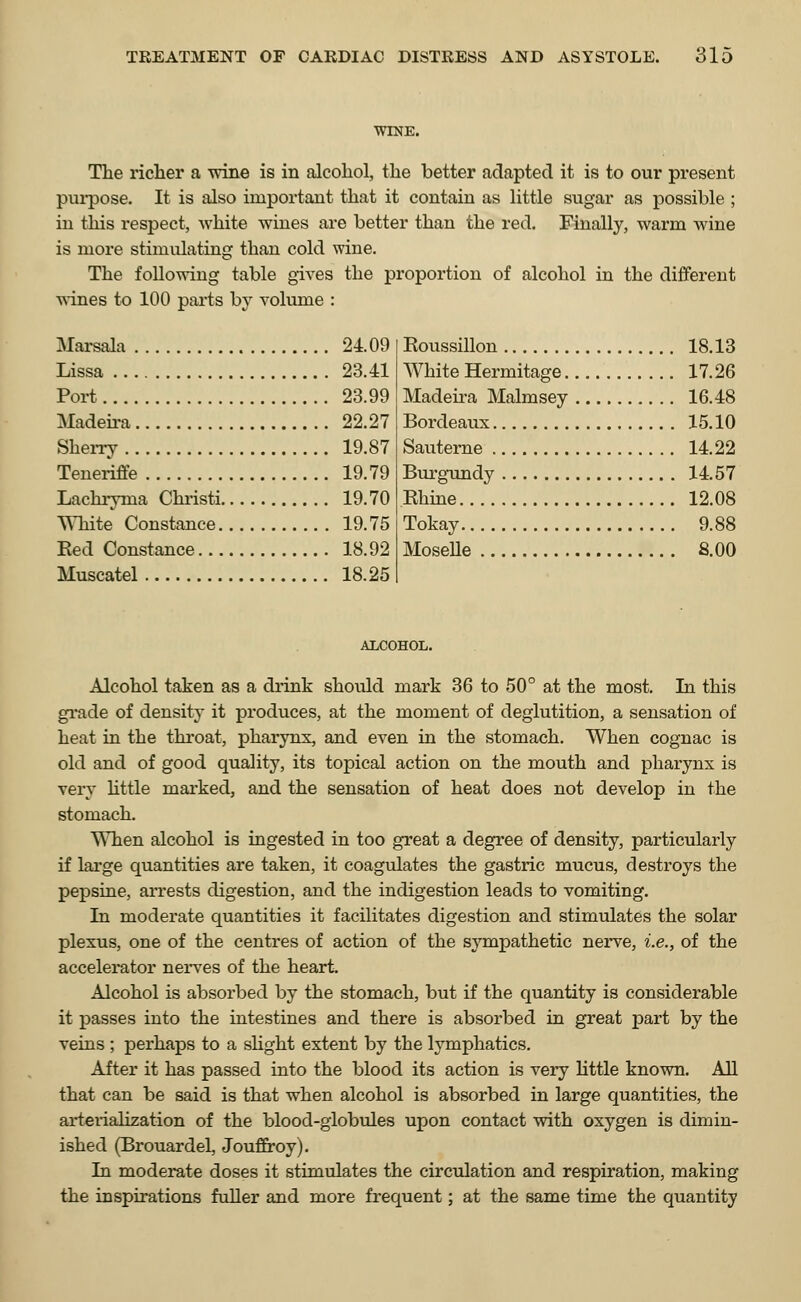 WINE. The richer a wine is in alcohol, the better adapted it is to our present purpose. It is also important that it contain as little sugar as possible ; in this respect, white wines are better than the red. Finally, warm wine is more stimulating than cold wine. The following table gives the proportion of alcohol in the different wines to 100 parts by volume : Marsala 2409 Lissa 23.41 Port 23.99 Madeira 22.27 Sherry 19.87 Teneriffe 19.79 Lachrynia Christi 19.70 White Constance 19.75 Eed Constance 18.92 Muscatel 18.25 Eoussillon 18.13 White Hermitage 17.26 Madeira Malmsey 16.48 Bordeaux 15.10 Sauterne 14.22 Burgundy 14.57 Rhine 12.08 Tokay 9.88 Moselle 8.00 ALCOHOL. Alcohol taken as a drink should mark 36 to 50° at the most. In this grade of density it produces, at the moment of deglutition, a sensation of heat in the throat, pharynx, and even in the stomach. When cognac is old and of good quality, its topical action on the mouth and pharynx is very little marked, and the sensation of heat does not develop in the stomach. When alcohol is ingested in too great a degree of density, particularly if large quantities are taken, it coagulates the gastric mucus, destroys the pepsine, arrests digestion, and the indigestion leads to vomiting. In moderate quantities it facilitates digestion and stimulates the solar plexus, one of the centres of action of the sympathetic nerve, i.e., of the accelerator nerves of the heart. Alcohol is absorbed by the stomach, but if the quantity is considerable it passes into the intestines and there is absorbed in great part by the veins ; perhaps to a slight extent by the lymphatics. After it has passed into the blood its action is very little known. All that can be said is that when alcohol is absorbed in large quantities, the arterialization of the blood-globules upon contact with oxygen is dimin- ished (Brouardel, Jouffroy). In moderate doses it stimulates the circulation and respiration, making the inspirations fuller and more frequent; at the same time the quantity