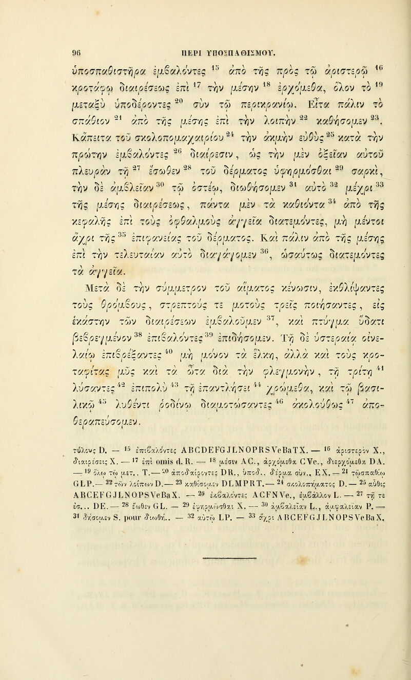 9(1 ΠΕΡΙ ΤΠΟΣΠΑΘΠΜΟΓ. \)ηοϋτιοώ.ιστΎ\^&. Ιμβαλοντες ^^ α.πο της π^<3ος τω σ.ριαχιρ^^ ^^ ■κρ(}τά(ΰφ ^ιαιρίσεως επΙ ^^ την μέση ν ^^ ϊργο\ΛΛ^σ.^ όλον το ^^ μεταξύ ύ?τοδ£^ί>οντες '^ συν τω τΐίοίγ.ρσ.νίγ. Έΐτοί πάλιν το σκαΰίον απο της [ΐεστις επι την λοιπ-ην κα&ησομεν ^ . Καπείτίί τοΰ σκολοπορ,αχαί^οίΌυ^* την άκμην εύ^υς^^χατά την π^αωτην ερ-βαλοντες '^^ δί«(/5εσ£ν, ώς την μεν έξεί'αν «τ^τοΰ πλευράν τη ^'' εσω$εν ^^ του δέρματος ύ(ρ•ηρμόσθαι^^ σαρτά^ την ύε «μδλείαν τω οστεω, όίω&ησομεν ^ αντο - μέχρι ^^ της μέσης δίαί|(5έσεως, πάντα μεν τά χαθιοντα ^^ άπο της κεφαλής επί τονς Οψθσλμους ά'/γεΓα δίατεμοντες, μη μεντοι άχρι τγις ^'' Ιπ^^^ανε/ας του οερματος. Και πάλίν άπο της μ,έσης επί την τελευτα/αν αυτό δίαγάγομεν ^^, ωσαύτως δ{ατεμοντες τά άηηΜ&.. Μετά δε την σΰμμιτρον του αίιια.τος κένωσίν, εκ^λί'ψαντες τους θρόμβους, στρεπτούς τε μοτους τρεις ποίησαντες, εί'ς Γ/άστην των δίαί^οέσεων έμβαλουμεν ^'^, και πτύγμα υδατί /3εβ^οεγμένον ^^ επίβαλοντες^^ έπίδησομεν. Τη δε ύστεραίν. οίνε- λα/ω επι^ρείαντες'^ μη μόνον τά έλκη, άλλα καΙ τους κοο- τσ.ψτυ.ς μυς και τά ωτα δίά την ολε^•/ρ.ον-ην , τη τ^/τη ''** λύσσ.ντες^'^ επιπολυ^'^ τη επαντλησεί^^' χ^οώμε^α, και τοί |3ασί- λίκώ '^^ λυθεντι ρο()ίνο) δίαμοτοίσαντες ^*° ακολούθως' άπο- ^εραπευσομεν. τύλονςΒ. - ίό ίπ-.βαλο'ντες ΑΒΟΌΕΡΟΙΙ,ΝΟΡΚδΥβΒαΤΧ. — >6 αριστερών Χ., ΛαιρεσειςΧ.-—'^ εττΐ 0ΐηΪ8 (1. Κ. —• '^ ιχίσιν ΑΟ., άρχο^-εθα ΟΥβ,, (ίιερχο'αεθχ ΟΑ. —γ'^ ολω τώ |Λετ.. Τ.— ^** άποεί'αίοΓ,ντε; ϋΚ., ΰποί'.. 3'ί^υ.α. συν., ΕΧ.^-^' τώσπαθίο ΟίΡ.— 22τ,ον λοιπών Ό.— 23 καΟίσορ.εν ΌΙ.ΜΡΚΤ,— 24 σ/.ολοπχαατος ϋ.— 25 αύθι; ΑΒΟΕΡΟ,ΙΙ.ΝΟΡδλ'βΒβΧ. — 29 '^^ξ,^χ^',^^^. ΑϋΡΝΥβ., ίυ£άλ1ο^ Ι.-—^ι τγ τε ία... ΌΕ.— 28 ί'ωθεν ΟΕ. — 29 εφν,ραώσθ'/ι Χ. — 30 ά^βαλεΐαν Ε., ά^Λφαλεϊαν Ρ.— 31 ί-Γ:σο(;.εν δ. ροιίΓ ύ'ιωθτί.. — -^2 αύτω ΕΡ. — 33 ά'χρι ΑΒΟΕΡΟ ^ΕΝ()ΡδVοΒαX.