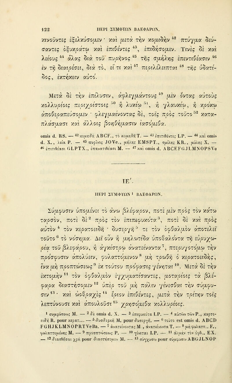 ;<£νουντες Εξελκυσορ,εν και μετά την κομίοην πτυγμα οευ- σαντες οξυγ,ρίχτω και επίθεντες , επίοησομεν. Τίνες οε κ«ί λεί'οιις ** άλας δίά του πυργινος ^^ της σμηλης επεντίΦε'ασίν ^^^ εν τη ϋίαιρεσει^ οια το, ει τι ύμι ΊίερικεΚει-τ^/χ * της υοατί- (^ος, εκτηκείν αΰτο'. Μετά δε την ετιί\χ)αΐΊ, «φλεγμάντους ^^ ρ,έν οντάς αυτούς κολλυ^/οίς τ.ιριγοίαχοιζ, '^'^ η λυκ/ω ', η γλαυκί'ο^, η κ^οκω άποΦε^απεύσομεν • φλεγρ,α/νοντας δε, τοΓς π^οος τοΰτο^^ κατα- πλάσι^.ασι ύ/Α αύ.οις βο•η9•ημ&.σιν ΐ(λ(ΐ6\χ.ιΒ(/.. οιηίδ ά. Κ8. — 42κοα•ΛΓΚ ΑΒΟΡ., -ο κοαΛ^τίΤ. — « έπ-.ηθέντ:; !.?. — ■»< και ΟΠίΐϊ ά. Χ., λεία Ρ. — « ττυρΤνος ^ΟVβ., [^.ιίλγι? ΕΜδΡΤ., σ(7.ίλ•/ι,' ΚΚ., [^.ΰλΥ1; Χ. — <« Εττιτιθίασι Γ.ίΡΤΧ., =πανατιθ='ασι Μ. — ^^ καϊ οηιΐβ (1. ΑΒΟΕΡΓι ^I.ΜΝ0Ρ8Vβ ΙΕ'. Ι1ΕΡΙ ΣΥΜΦΥΩΝ ' ΒΛΕΦΑΡΩΝ. Συμφυσίν ύπορ,ενεί το άνω |5λε'(ρα/?ον, ποτέ μεν π^ος τον κάτο> τοίρηο^^ ποτέ δέ^ π/5ος τον επιπεφυκότα^, ποτέ δε και π^ος αΰτον ^ τον κε^οατοείδή  δυσε^γή ^ τε τον οφ^αλμον άποτελεΓ τοϋτο^ το νόσημα. ΔεΓούν η μηλωτ/δα ύπο^αλοντα τη εύ^υχο)- |θία του βλεφάρου^ η άγκί'στ^ω άνατε/ναντα'^, πτερν^ιοτορΜ την πρόσ(^υσιν άπολύείν, '^^υλαττομενον^ μη τρωθ•η ο κερατοειδής, «ναμη ττροπχωσεως^ εκ τούτου πρόαασις γενηταί *^. Μετά δε την έκτορ.ην *^ τον οφΦαλμον εγχυματ/σαντες, [ΐοταρίοις τα βίε- ψαρα. δίαστησομεν ^^ ύπέ/3 του ρ,η πάλιν γ/νεσί'αί την σύμφυ- σ£ν^''^• και ώοβ/3αχές ** ε/5ίον επί^εντες, μετά την τρίτην τοϊς λεπτύνουσί καΙ άπουλοΰσί ^^ χ^ησομεία γ,οΏ.υρίοίς. 1 συΐΑφύσεως Μ. — ^ ί5'έ ΟΠίίδ ά. Χ. — 3 £πιφ'^κο7α ί,Ρ. — * αυτών των Ρ., κυρτο- Ε'.^η Κ. ροΐιι• κερατ,.. —^ιίυσίϊερκη Μ. ρουΓ<ϊ'υσ2ργγί. — ^ τούτο 08ΐ ΟΐηΪ8 (1. ΑΒΟϋ ΡαΐυΚΙ^ΜΝΟΡΚΤνβΒ». — ^ «νατείνοντας Μ , άνατείνονταΤ. — » αηφυλαττ.. Ρ., ουλαττορ-ε'ννι; Μ. — ^ ττροσπτώιεο); Ρ. — ^ γίνεται Ι. Ρ. — '' άλατ,ν τον οφ6.. Ε Χ. — 12 ^Ίκίτθ-ίσαι χρτ, ροίΠ' ^',αστΐσου.εν Μ. -— ^^ σύ-|'χυσ!ν ροιίΓ σΰαφυσιν ΑΒΟΙί,ΝΟΡ