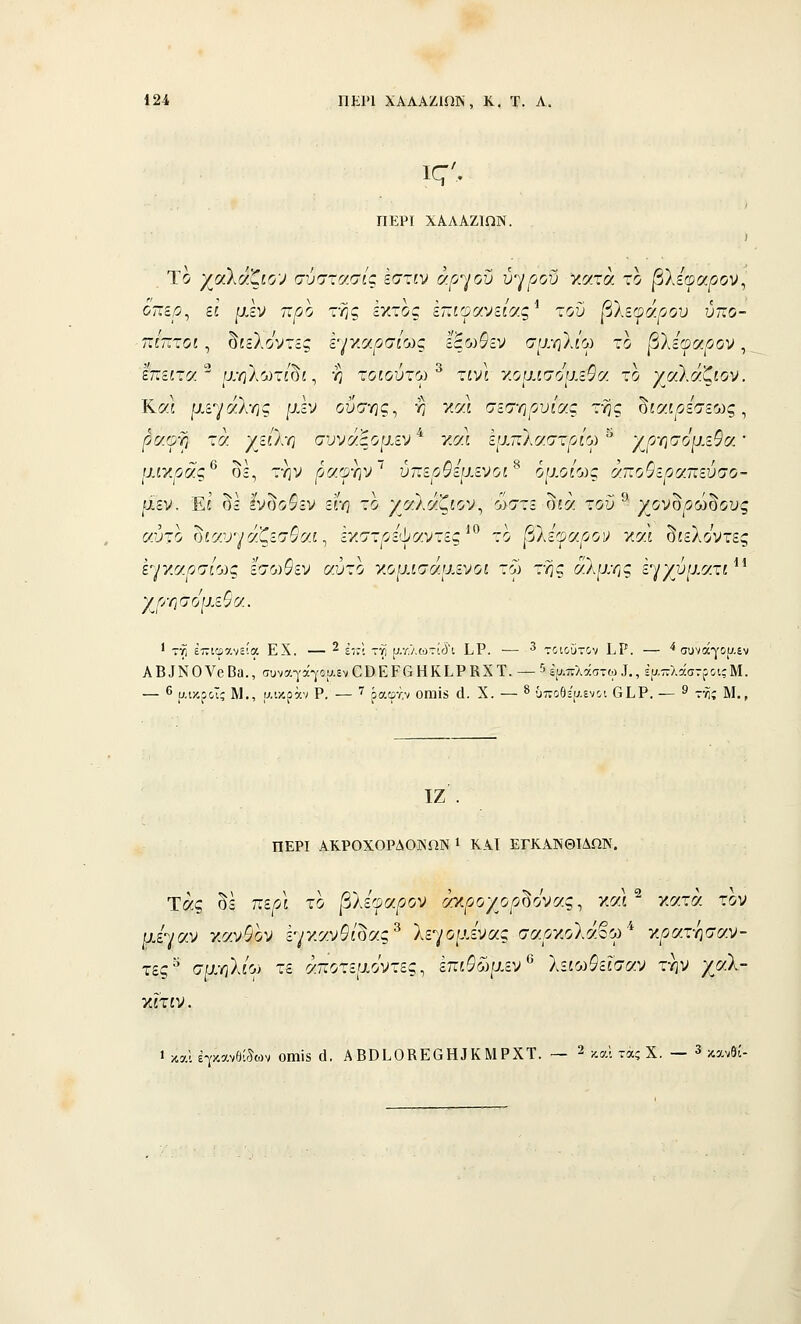 ις'. ΠΕΡΙ ΧΑΛΑΖΙΩΝ. , Ίο χαλάζίο^ σύστασίς εστίν άρ-^/οΰ ύ'^/ροϋ γ.ατα το βλεψαρον^ οπερ^ ει μεν τιρο της έκτος ε~ΐΌανεί(/.ς^ του βλεφάρου ύπο- πίπτοι ^ ^ιελόντες ε-ρΑαρσίως ΐίωΟεν σμηλ/ω το βΧεφαρον ^ _ επειτν/^ μηλ^τ/δί, η τοίούτ'λ) ^ τινι χοιχισόρ^Οσ. το γαΧάζιον. Και μεγάλης ρίν ού'σης, η ύμ σεστιρυίας της '^κ/.ιρεσε'ύς ^ ρσ.ΦΎ] τσ. '/ει):η συνάξορ,εν '*' ύμ Ιμπλαστ^ί'ο) ^ ^/^^ησόι±ε9α.' ΙΜΥ.ράς^ ΟΞ, την ρα®ην ' ύπερθεαενοί^ ομοΐοίς άποΟεραπεύσο- μεν. Ει δε Ινδο^εν είη το χαλάζίον, ο>στε δίά τοΰ^- γ^ον^ρώσους α,ύτο ύίαυ^^άζεσθν.ί^ έν.στρεώαντες'^^ το βΑεοαρο)) χαί δίελο'ντες εγκα^σ/ως εσο)9εν σ.ύτο χομισό-ίχενοι τγ της άλμης έγχύματί^^ γ^/ησοι1εΟα. ' -γ) έττιφανεία ΕΧ. — ^ έτ:; τί) υ.•/-.λωτί<ί>~ι. ίΡ. — ^ τοιούτον ί.Ρ. — '^ συνάγου.εν ΑΒ^ΝΟV^Βα., συναγαραενΟΒΕΡΘΗΚίΡΚΧΤ. — ^έαπλάσ-ω Ι., Ερ.πλάστ?οιςΜ. — δ αικίάς Μ,, ι/,ικοάν Ρ. — ''' όα^ΐν οπιίί (1. Χ. — ^ ΰποθψ.ενοι ΟΙ,Ρ. — ^ τη; Μ., ΙΖ . ΠΕΡΙ ΑΚΡΟΧΟΡΔΟΝΩΝ 1 ΚΑΙ ΕΓΚΑΝΘΙΔΩΝ. Τάς δε περ\ το βΧεφαρον σΎ.ρογορ'^όνν.ς, καΙ ^ κατά τον μεγαν κανΦον έγκαν^ωας^ Χε-^/ομενας σα,οκολάβω'' γφατησαν- τες' σμηλί'ο) τε άποτεμοντες, επι9(1ψ.εν^ λείω^εΐσαν την χαλ- κίτίν. > και έγκανθί^ϊοιν 0ΐηΪ8 (1. ΑΒ^ίΟΒΕαΗ^Κ ΜΡΧΤ. — 2 κα'ι τας Χ. — 3 κανθί-