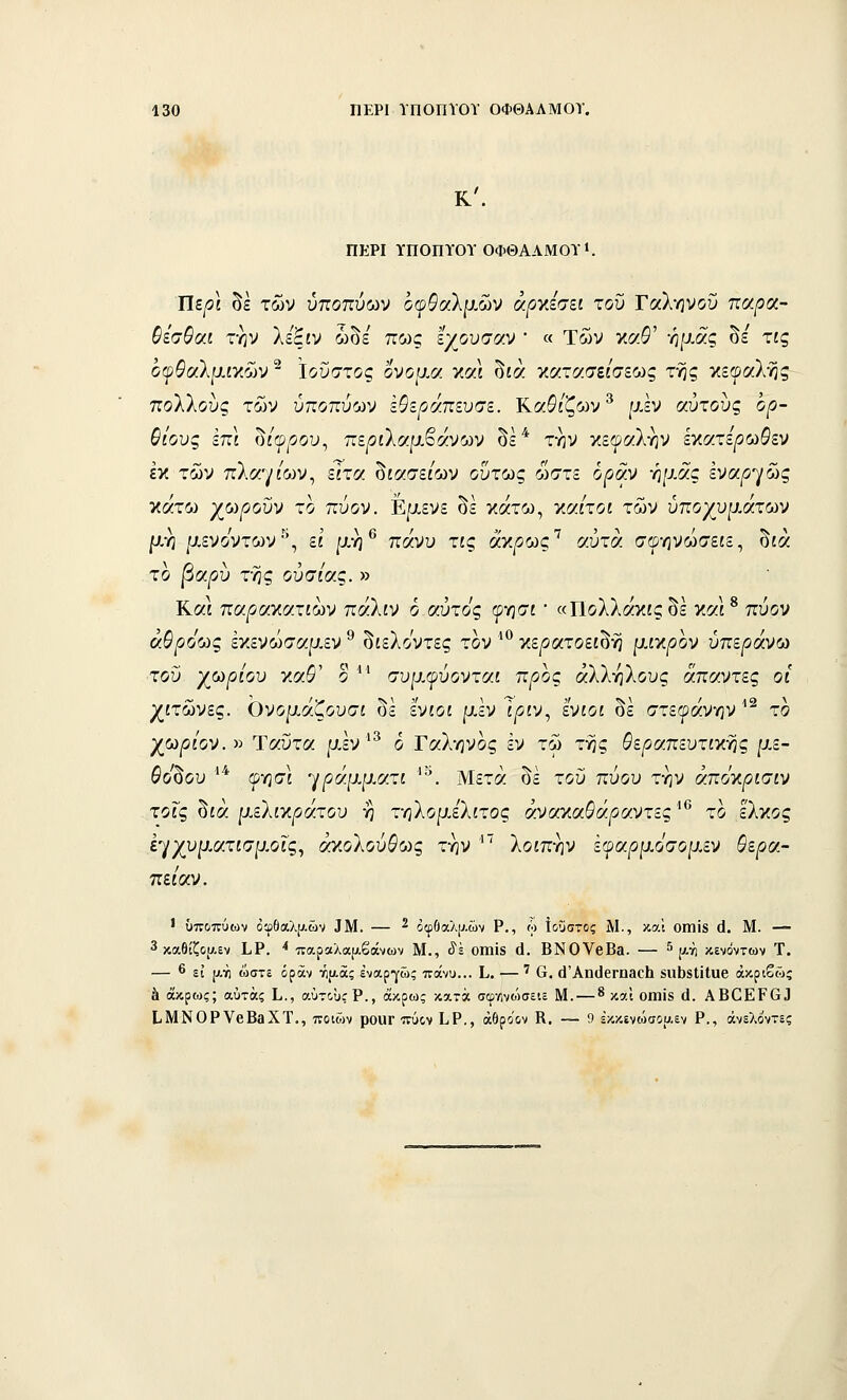 Κ'. ΠΕΡΙ ΪΠΟΠΪΟΤ ΟΦΘΑΛΜΟΎ». ΤΙερΙ δε των ύποπύων οψΟαλρΜν άρνΑσζι του Γαληνού παρα- ΟίσΒαι την λεξίν ώδε πως εχουσαν ' « Των κα^' ημάς δε τις οφθαλμικών ^ Ιοΰστος ονορ.α Ύ,νχ δίά κατασείσεως της κεφαλής πολλούς των ύποπύων ε^ε^άπευσε. Κα^ί'ζων^ μεν αυτούς ό/3- θίους επί δί'φ^οου, περιλαμβάνων δε* την κεφαλήν εκατε^ω^εν εκ των πλαγ/ων, είτα δίασε/ων ούτως ώστε οραν ημάς ένα^γώς κάτω χωρούν το τώον. Έμενε δε κάτω, γ.α.ίτοι των υποχυμάτων μη μενόντων'\ ει μη ^ πάνυ τις άν.ρως'^ αυτά σφηνώσείε, δίά το Ρα^ύ της ουσίας. » Και παρα^κατιων πάλιν 6 αυτός (ρ-ησι • «Πολλάκις δε και * πύον αθρόως εκενώσαμεν ^ διελοντες τον ^^ κε|θατοειδή μιγ,ρον υπεράνω του χωρίου κα5' ο ■ συμφύονται προς άλλ-ηλους άπαντες οι χιτώνες. Ονομάζουσι δε ενιοι μεν ιριν^ ενιοι δε στεφάνην^^ το χωρίον. •>■> Ύαΰτα ρ,έν'^ ο Γαληνός εν τω της ^ε^ίαπευτικής με- θο'δου ^^ φησι '^ράμματι ''^. Μετά δε του πύου την άπόγ,ρισιν τοις δίά μελιν.ράτου η τηλομελιτος άναΎ.αΒάραντες^^ το έλκος ν^ίχυματίϋμοις^ οο^λοΰθως την ''' λοιπην ε(ραρμόσομεν θερα- πείαν. ' ΰποπύων όφθαλ[ν.ών 3Μ. — ^ οφΟαλρ.ών Ρ., ώ ίοΰστος Μ., καϊ οιηίδ (1. Μ. —• 3 καθίζθ|7.εν Ι,Ρ. '' παραλα[^.βάνων Μ., «ϊέ οπιίδ ά. ΕΝΟΥβΕα. — ^ [ΐ.•ι\ κενόντων Τ. — 6 £{ ι^,γ) ώστε όράν ^αά; έναργώς πάνυ... Ι•. —' 6. (1'Αηιΐ6Γη3θΙΐ 8ηΙ)8ΐίΙθβ ακριβώς ^ άκρως; αύτάς Ι,., αυτούς Ρ., άκρως κατά σφγΐνώσειε Μ. — ^ και οιηίδ ά. ΛΒ0ΕΡ63 ΙιΜΝΟΡνβΒβΧΤ., ποιών ροΟΓ πύον 1<Ρ., άθροΌν Κ, — 9 έκκενώσοαεν Ρ., άνελό'ντες