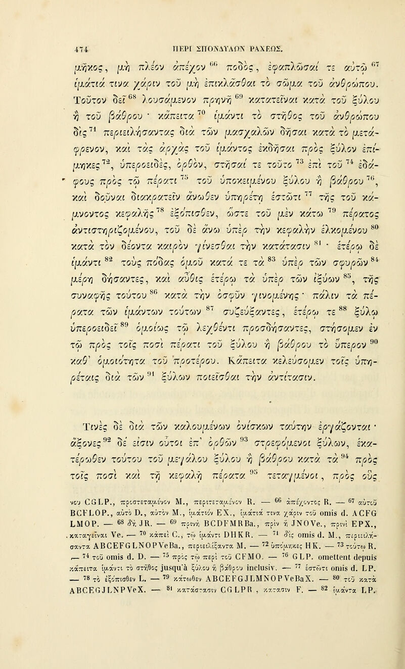 -αήκος, ρ.η πλέον αιιίγο^ ''*'' ποδός, ί(^(/.η\ζ)ααί τε αΰτώ ^''' ψΛχιά χΐ))α γάριν του μ-η επιγλασθαι το σώμα του άνθρωπου. Τούτον δεί^^ ϊ.ουσάμζνον πρ-ηνγι^^ γ.α.τοίτείναι γ.ατά του 'ξύΐου η του βάθρου  χάπειτα ^^ ίμάντι το στγιθος του άνθρωπου δίς^^ πίριειί-ησαντας δίά των μασγαλων δήσαί ν,ατάτομζτά- «ρ^ενον, και τάς άργσ,ς του ίμάντος έκδήσαί π^ος ξύλον επί- μηκες , υπεροίώες, ορΰον., στ-ησαι τε τούτο επί του εο«- (ρους προς τω περατι ''''' του ύπον.ειμενου ξύλου -η βάθρου '^'^, και δοΰναί δίακ^ατε?ν άνωθεν ύπ-ηρίτή εστώτί '' της του κα- μ.νοντος κεφαλής'^^ εξοπισθεν^ ώστε του μεν κάτω '^'^ πέρατος άντιστ-ηριζομενου, του δε άνω ΰπέ^ την κεφαλήν ελτιομενου *® κατά τον δέοντα ν,αιρον '^μνεσθαι την κατάτασίν ^' ' Ιτε'^ω δε ιμαντι τους ποοας ομού κατά τε τα ^^ υπε^ο των σ(ρυρων * μεργι δησαντες, και αύθις ετερω τα ύπερ των ΐςύων ^^, της συναφής τούτου ° χατα την οσφυν -γινομένης πάλιν τα πέ- ρατα των ιμάντο^^ τούτων ^' συζευξαντες, ετερω τε ^^ ξυλω υπε^οείοεί ομοίως τω Λεχ&εντί π^οσόησαντες, στησομεν εν τω προς τοις ποσι πίρα.τι του ξύλου η βά.θρου το ύπερον 'λαθ' όμοιοτ-ητα του προτέρου. Κάπειτα κελευσομεν τοις υπη ρεταις δίά των''^^ ξύλων ποιεΐσθαι την άντίτασιν. Τίνες δε δίά των καλουμένων έν/σκων ταύτην ερ-^άζονται' άξονες οε είτίν ουτοί επ ορθών στρεφόμενοι ξύλων., εκα- τίρωθεν τούτου του μεγάλου ξύλου η βάθρου κατά τά ^^ π^οος τοις ποσι χαΐ τη κεφαλή πέρατα ^^ τετα'/μενοι, π/5ος ους νου ΟΟΙ^Ρ., προστετααένον Μ,, περιτετααίνον Κ. — 66 άπί'χ&ντος Κ. — 67 αύτοΰ ΒΟΡΙιΟΡ., αυτί) Β., αύτον Μ., ίαάτίο'ν ΕΧ., Ιυ.άτιά τίνα χάριν του οηιϊδ ά. Α0Κ6 Ι.ΜΟΡ. — 68 ί'ί; ^Κ. — 69 ποινή ΒΟϋΡΜΚΒα., πριν η ΙΝΟΥβ., ττρινι ΕΡΧ., . καταγεϊναι Υβ. ■— '' κάπεϊ ^., τω ψ.άντι ΟΗΚΚ. — ''* ύ'^ίς 0ΓηΪ8 ο1. Μ., ττίριειλτ]- σαντα ΑΒΟΕΡΟ ίΝΟΡΥβΕα., περιειλίξαντα Μ. — ^2 ΟποατΓΛες ΗΚ. — 73 τ:^6τω Κ. ,— ''^ του οηιϊδ ά. Ο. — '^ προς τω περί τοΰ ΟΡΜΟ. — '^ 01.Ρ. οιηβΙΙοιΙ ϋορυϊδ κάττειτα ίρ.άντι το στίίθος ]πδ(}α'έι ξύλου η βάθρου ίηοΐιΐδΐν. — '7 έστώτι οηιϊδ εΙ. ίΡ. _ 78-0 έξοπισθεν Ι.. —79 κάτωθεν ΑΒ0ΕΡ6ΙΙ.ΜΝΟΡΥβΒαΧ. — «ο του κατά ΑΒ^Ε^^I>ΝΡVθX. — 8' κατάστασιν 00 ίΡΚ , κατασιν Ρ. — 82 [,^,αντα Ι.Ρ. 90