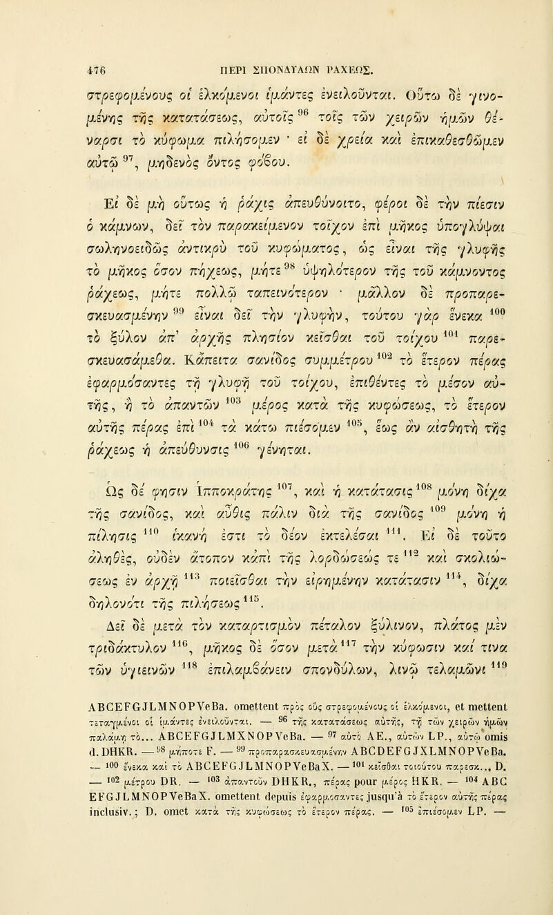 στρεφόμενους οι ελκομενοί ιμάντες ενειΧοΰνταί. Ούτω δε γινο- μένης της κατατάσεως, αύτοϊς ^^ τοις των χειρών ημών Οε-- ναρϋΐ το κύφωμα πίλησομεν ■ εί δε χ/5εία καΙ επίχαθεσθώμεν αύτω ^^, μηδενός οντος (ΰό^ου. Εί δε μη οΰτως ή ράχίς άπευ^ύνοίτο, φεροι δε την π/εσίν έ κάμ,νων, δεΓ τον παρατίείμενον τοΐχον επί μήκος ύπογλύψαί σωληνοείδώς άντιχρν του κυφώματος, ώς εΐναί της γλυφής το μήκος όσον πηχεως, μητε^ υφηλοτε/ίον της του ν,αμνοντος ράχεως, μήτε πολλω ταηεινότερον ■ μαΧλον δε τιροπαρε- σκευασμενην ^^^ είν«£ δεΓ την γλυφην, τούτου γά/2 ενεκο: **^? το ξύλον απ άργΎΐς πλησ/ον κεΓσδ'αί του τοίχου ^^• πί^/ίβ- σκευασάμε^α. ΚάπείτίΖ σαν/δος συμμέτρου ^°^ το έτερον πέρας εφαρμοσαντες τη γλυωη του τοίχου^ επιθεντες το μέσον αύ- της, η το απαντούν μέρος κατά της κυφώσεως, το έτερον αυτής πε/9ας επι τα. κάτω πιεσομεν ^, εως αν αισθ-ητ-η της ράχεως η άπεύθυνσις ^°^ γενηταί. Ως δε' φησίν Ιπποκράτης **^'^, και η κατατασίς^^^ μονή δί'χα της σαν/δος, καΙ αύ^ίς πάλιν δίά της σανί^ος ^^^ μονή ή π/λησίς ^^^ ίκανη εστί το δέον έκτελεσαί ^^Κ Εί δε τούτο άλη^ες, ουδέν άτοπον κάπΐ της λο^δώσεώς τε ^^^ και σκολίώ- σεως εν ά^χή ^*'^ ποίεΓσ^αί την εί/5ημενην κατάτασίν ^^^, δί'χα δηλονοτί της πίλησεως*^^. Δεί δε μετά τον κατα/5τίσμον πεταΧον ξύλίνον, πλάτος μεν τρι^άχτυΐον ^^^^ μήκος δε όσον μετά*^^ την κύφωσίν καί' τίνα των ύγίΗίνών ^^^ έπίλαμβάνείν σπονδύλων, λίνω τελαμώνί ^^^ ΑΒΟΕΡΟΙΙιΜΝΟΡνβΒ». οιηβΙΙβηΙ προς ους στρεφοαένου; οί έλκο'ρ.ενοί, βΐ ΐϊΐβΙΙβπΙ τεταΎΐ^.ε'νοι οί ίμ,άντες ένειλοΰνται. — 96 ^^ς κατατάσεως αύτγ)ς, τ•^ των χειρών ϊί|Λα)ν παλάατι το... ΑΒΟΕΡβΙίΜΧΝ ΟΡ ΥβΒα. — 9^ αύτο ΑΕ., αυτών ίΡ., αύτω'οιηΐδ (Ι.ϋΗΚΚ. —^8 ρ,γίπο-^ϊ ρ. _ 99 7ΐ:ροπαρασκευοισυ.εν7,ν ΑΒΟΟΕΡΟΙΧΕΜΝΟΡΥεΒ». ~ 100 ένεκα, και το ΑΒΟΕΡΟ ^ι,ΜΝΟΡVβΒβX. —'Ο* κεΐσθαι τοιούτου παρεσκ... Ο. — ί02 ρ.=-τρου ΒΚ. _ 103 άπαντοΰν ΒΗΚΚ., πέρας ροαΓ (^.ε'ρος ΗΚΚ. — ΐΟί ΑΒΟ ΕϊΌΙΙιΜΝΟΡνβΒαΧ. οιηβΙΙβηΙ (Ιβραϊδ έφαρρ,οσαντες 3αδ(ΐα'3 το έτερον αύτΐςπε'ρας ϊηοΐαδϊν.; ϋ. οηιοί κατά της κυφώσεως το έτερον πε'ρας. — Όδ επιε'σου,εν ί,Ρ. —