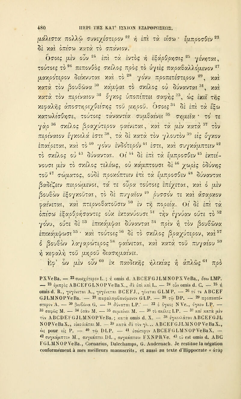 Ιλάλιστα πολλώ συνίχίστερον  η επϊ τα εϊσω ' ίμηροσθί'^ ^^ §£ και οπίσω κατά το σπάνιον. όσοίς μεν ούν ~^ επ\ τσ. Ιντος ή εξάρθρ-ησίς^^' γενηταί, τούτοις το ^^ πεπονθος σκέλος προς το υγιές πα/2αβαλλομενον ^ μ.θίΥ.ροτερον οείκνυταί και το γονυ προπετεστερον ^, και κατά τον |3ουβώνα ^ κάμψαί το σκέλος ου δύνανται ^\ και κατά τον περιναιον ογλος υποπίπτει σαφής '''*, ο^ς εκεί τνις κεφαλής άποαττιρν/βείατις του μγιροΰ. Όσοις^^ δε επί τά εξω κατωλί'σ^ησε, τούτοις τάναντία συμβαίνει ^^ σημεία * το τε ηαρ^^ σκέλος [6ραγΰτερον Φαίνεται ^'ν.σΐ τα μεν κατά ^^ τον περίναιον ε-'^/γ.οιΙά εστί ^^, τά δε κατά τον ^/Ιουτον ^^ εις ο'^/γ.ον επαίρεται^ γ.αι το γονυ ενόοτερον εστί, και συγκαμπτείν το σγ.ελος ου ^^ δύνανται. Οί^^ δε επι τά έμπροσθεν^^ εν,τεί- νουσι μεν το σκέλος τελέως, ου ν,άμπτουσι δέ^^ Χ<^/^^ζ οδύνης τοΰ '^'^ σώματος^ ουδέ προν.όπτειν επ\ τά έμπροσθεν ^^ δύνανται |3αδι'ζείν πειρώμενοι^ τά τε ούρα τούτοις ΐπέχεταί, και ο μέν ρουοων εξογκουταί, το οε πυ-^ιαιον ρ^υσσον τε και ασαοκον ΌΟίίνεταΛ^ Ύ.άι πτεονοβατοΰσιν ^'^ εν τη πορεία. Οι δε επί τά οπί'σω εξαρθρ-ησαντες ούγ. εγ,τανύουσι ^* την ίγνυαν ούτε το ^^ γονυ, ούτε δέ ^^ έπίκάμψαί δύνανται * π/5ίν η τον |3ουβό5να έπίκάμψωσι^^ • και τούτοις'^'^ δέ το σίελος βραγύτερον., υμι^^ 6 βουβών λα^^/αρ6τερος^^ Φαίνεται., χαι κατά τοΰ πυλαίου ^^ η κεφαλή του μ-ηροΰ διασημαινει. 'Εφ' ών ρ,έν ούν *''° εκ παιδικής -ηλικίας η απλώς *^^ π^ο ΡΧΥβΒβ. — 22συν3χέτερονΙ..; τί οηιίδ ά. ΑΒΟΕΡΟ3Ι.ΜΝ0ΡΧΥβΒα., ζ'αωΙΜΡ. •— 23 έρ,πρ^ς ΑΒΟΕΡΘίΝΟΡνβΒβΧ., ύ'έ έπ'ι καΐ ί. — 24 ούν οΐΰίδ ά. 0. — 25 ^ Οίαϊδά. Κ., γεγενεται Α., γεγέν-Λται ΒΟΕΡΙ., γίνεται ΟΙ^ΜΡ. — 26 το τε ΑΒΟΕΡ βΙΙ,ΜΝΟΡνβΒα. — 27 παραλααβανου,ενον Ο [.Ρ. — 28 τω ϋΡ, — ^^ τν^οττζατέ- στερον Α. — 30 β^βώνα 6. — 31 ,ί'ύναται Ι,Ρ. — ^^ ό ό'γκος Ν νβ., ό'^κον ΕΡ. — 33 σαφώ; Μ. — ^4 ^^άν Μ. — ^^ στ/ακίνει Μ. — ^^ το σκέλος ΕΡ. — ^^ κα; κατά [Αεν ΤΜ ΑΒ^^Ε^■^^ΕΜΝΟΡV^Βα.; κατά οιηίδ ά. Χ. — 3» Ιγκοιλάται ΑΒβΕΡΟαΕ ΝΟΡΥβΒ&Χ., είκοΛάταιΜ. - 39 χ.ατά όέ τον γλ... ΑΒΟΕΡΟαΕΜΝΟΡΥβΒαΧ., ώ; ροΐΐΓ ει; Ρ. — 4» τω ΟΕΡ. — 41 έσο^-ερον ΑΒΟΕΡΟΕΜΝΟΡΥβΒβΧ. — ■*2 συγκά|;,πτον Μ., συγκάπτει ΒΕ., συ-^'κάπτειν ΡΧΝΡΚΥβ. *^ οα βδΐ οιηϊδ ά. ΑΒΟ ΡΟΕΜΝΟΡΥεΒδ., ΟοΓοαπυδ, ϋα1βο1ΐ£ΐηιρδ, 6. ΑηάβΓπβοΙι. Ιβ ΓθδΙΐΙαβ Ια ηέ§3ΐϊοα οοηίοΓίηέιηβηΙ β ηαβδ ηιείΙΙβαΓδ ιιΐ3ΐι«8€ΓίΙδ, βΐ βυδδϊ ανι ΙβχΙβ (ΙΉϊρροοΓίΐΙβ « άτάρ