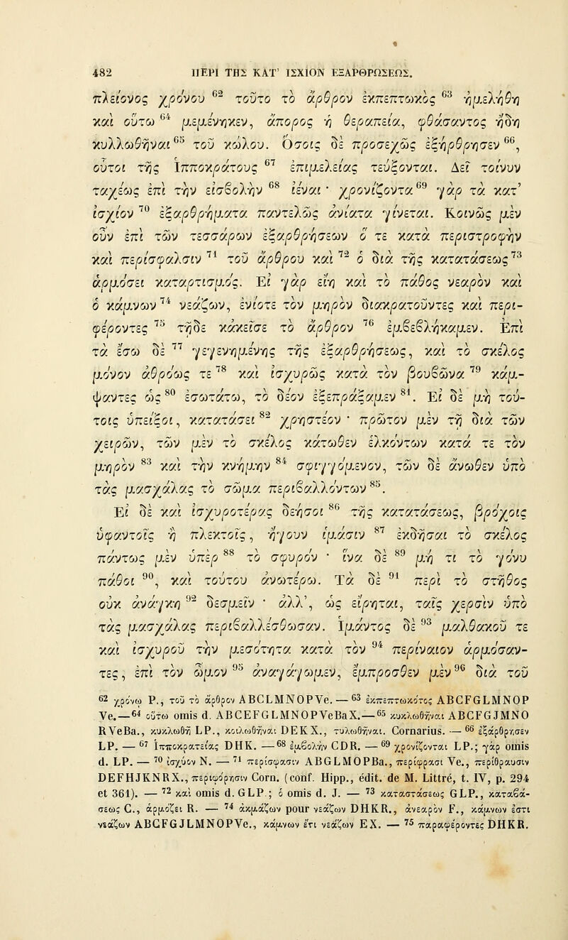 πλείονος χρο'^ου ^^ τούτο το άρθρον Ικπεπτωκος ^^ ημελη^γ} και ούτω *'^* μερ,ενηκεν, άπορος η θεροίπξία^ ^θάσα,ντος ηδη κυλλωί'ήναί ®° του κώλου, όσοίς δε προσεχώς εζ-ηρΟρ-ησεν^^^ ούτοι της Ιπποκ^οάτους ^^ επιμελείας τεύ'ξονται. Αεΐ τοί'νυν ταχέως επ\ την εί'σβολην ^^ ίεναί  χρονίζοντα ^^ γά|0 τα κατ' ίσχίον '^^ εςαρθργιΐ>.ατα παντελώς ανίατα γίνεται. Κοινώς |υι,έν ούν επί τών τεσσάρων εξαρθρ-ησεων ο τε κατά περίστρο(ρΎΐν και περίσωαλσιν ^^ του άρθρου και ^^ ό δίά της κατατάσεως ^^ αρμόσει -ααταρτισρ.ος. Ει γ^ι© ε'ί'η και το πάθος νεαρον και ο γ,αμνων νεαζων, ενίοτε τον μ-ηρον οιανφατουντες και πε/5ί- ψεροντες ^^ τηδε κάκεΓσε το άρθρον ^^ εμβεβληκαμεν. Επι τα έσω δε ''' -^/ε-^/ενημενης της έξα|θ^^ησεως, καΙ το σκέλος μόνον αθρόως τε ^^ και ισχυρώς κατά τον |3ουβώνα ^^ κάμ- ψαντες ώς ^^ έσωτάτω, το δέον εξ,επράςαμεν^^. Εί δε ρ.η τού- τοις ύπεί'ζ,οι, κατατάσεί ^^ χ^οηστεον ' πρώτον μεν τη δίά των χειρών^ των ρ,έν το σκέλος κάτωθεν ελκο'ντων κατά τε τον μ,γίρον ^^ καΙ την κνημην ^* σφίγγο'ρ,ενον, των δε άνωθεν ύπο τάς μασχάλας το σώμα περιβαλλόντων ^^. Εί δε και ισχυροτίρας ^ε-ησοι ^^ της κατατάσεως, βρόχοις ύ(ραντοΐς η πλεκτόΓς, ήγουν ίμάσιν ^^ εχ^^σαι το σγ,ελος πάντως μεν ύπερ ^^ το σψυρόν ' Ινα δε ^^ μη τι το γο'νυ πάθοι ^^, και τούτου ανωτέρω, τά δε ®* πε^Ί το στγιθος ουκ ανάγκη ^^ δεσμεΐν • άλλ', ως εί^ηται, ταΓς χ^ερσίν ύπο τάς μασχάλας περι^αλλεσθωσαν. Ιμάντος δε °^ μΜλθαγ.οΰ τε και ισχυρού την μεσοτητα κατά τον περιναιον αρμοσαν- τες, επι τον ωρ-ον ανα-^α-^ωμεν, έμπροσθεν μεν* οια του 62 χρονω Ρ., τοΰ το άρθρον ΑΒαΐ^ΜΝΟΡΥβ. — 63 έκπεπτωκοττοί ΑΒ0ΡΟΙ.ΜΝ0Ρ γβ. —6^ οΰτω 0Π1Ϊ8 ά. ΑΒαΕΡαίΜΝΟΡΥεΒαΧ. —65 κυκλωθηναι ΑΒΟΡΟΙΜΝΟ ΚνβΒ»., κυκλωθώ ΙιΡ., κοιλωβηναι ΌΕΚΧ., τυλοίθηναι. ΟοΓπαπαδ. —66 εξάρθρ/,σεν Ι,Ρ. — 67 ίτνποκρατίία; ΒΗΚ. —68 Ιαβολτ,ν ΟΟΚ. —69 χρονίζονται Ι,Ρ.; γάρ οιηίδ (1. Ι^Ρ. — '' ισχύον Ν. — '^' περίσφασ-.ν ΑΒΟίιΜΟΡΒα., περίφρασι Υβ., ττερίθραυσιν ΟΕΡΗΙΚΝΚΧ.,περιφορ/ισιν ΟοΓΠ. (οοηΓ. Ηίρρ., έά\ί. ά& Μ. ΠΐΐΓβ, Ι. IV, ρ. 294 βΐ 361). — '2 καΐ οιηίδ ά. β Ι,Ρ.; ό οηιϊδ (1. ^. — 73 καταστάσεως 6ί,Ρ., καταβά- σεωξ €., άρ(;.οζει Κ. — '^^ άκ[Αάζων ροιίΓ νεάζων ϋΗΚΚ., άνεαρον ΐ., κά[Ανων έστι νϊάζων ΑΒΟΡΟΙΙ,ΜΝΟΡνβ., κά(Ανων εη νεάζων ΕΧ. — '5 παραφε'ροντες ί)ΗΚΒ.