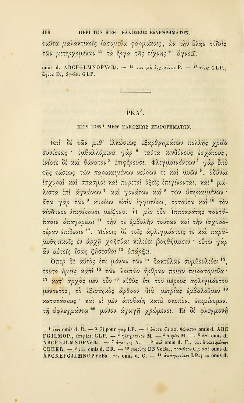 ταύτα μοίλοοίτιχοΐς ία.σόρ.ζθα (ραρμά/,οίς^ ών την υλην ουδείς των μετε^χομενων τα ε^γα της τέχνης α^ροίΐ. ριηΐ8 (1. ΑΒβΡΟΙ,ΜΝΟΡνβΒα. — ^5 ^ών [λΫι έρχ,Οί^,ένων Ρ. — '*6 τέν/,ς ΟΙ,Ρ., άρογ) Β., άροειν 61.Ρ. ΡΚΑ'. ΠΕΡΙ ΤΩΝ 1 ΜΕΘ' ΕΛΚΩΣΕΩΣ ΕΞΑΡΘΡΗΜΑΤΩΝ. Επί δε των μεθ' Ιλτίώσεως είαρΟρ-ημάτ^αν ποΧ^τις χρύόί συνέσεως • έρ.βαλλο'μενα ^(αρ ^ ταΰτα κίνδυνους έσχατους, έν/οτε δε καΙ θάνατον ^ εταφερουσί. Φλεγμαίνο'ί^των γά^ Μο της τάσεως των 7τα/5ακείμενων νεύρων τε ν.οα μυών ^, οδυναί ισχυροά και σπασμοί καΙ πυρετοί οξεΓς επίγί'νονταί, καΙ ^ μ,ά- λίστα επί αγκώνων ^ και -γονάτων καΙ ^ των υπερκείμενων * οσω γα^ των κυρίων είσίν εγγυτε^ω, τοσουτω καί τον •ίίί'νδυνον επιψερουσι μείζονα. Ο μεν ούν Ιπποκράτης παντά- πασίν άποί-^/ορεύει την τε έμβολην τούτων καί την ισχυρό- τερων έπίδεσίν *. Μονοίς δε τοις άφλεγμάντοίς τε καί παρα- μυ^ητίκοΓς εν ά/2χη χργισθαι κελεύει βογιθγιμασιν ' ούτω ^^άρ αν αύτοΓς ίσως ζησεσ^αί *^ ύπά^ξεί. Οπε^ δε αύτος έπι μόνων των ** δακτύλων συμ,βουλεύεί *^, τοΰτο ήμεΓς κάπί *® των λοιπών άρθρων ποίεΐν πειρασομεΒα' *' κατ' αρχάς μεν ούν ■'^ εύ^ύς ετί του μέρους άφλεγμάντου μένοντος., το εξεστηκος άρθρον δίά μετρίας εμβαλοΰμεν *^ κατατάσεως • και εί' μεν άποβαίη κατά σκοπον, επίμενομεν, τ^ άφλεγμάντω ^^ μόνον άγωγ•^ χρωμενοι. Εί' δε φλεγμοντ^ * των οίηίδ ά. ϋ. — 2 ^έ ροαΓ γάρ Ι,Ρ. — 3 ενίοτε (ί'έ καΐ θάνατον οιηϊδ ά. ΑΒΟ Ρ031,Μ0Ρ., επιφέρει ΟΙ,Ρ. — '* φλεγ[Ααϊνον Μ. — 5 (^,^ρών Μ. — 6 ^^χ οηιΐβ ά. ΑΒΟΡΘΙί,ΜΝΟΡνβΒϋ. — ' άγκώνος Α. — ^ καί οιηϊδ ά. Ρ., των ΰποκειίΛε'νων ΟΙΟΗΚΚ. — 9 των οιηϊδ ά. ΌΚ. — ΐ τοσούτο ΟΝΥεΒα., τοσούτον Ο.; καΐ οωϊδ ά. ΑΒ^XΕΡα^I.ΜΝΟΡΥβΒ£ι., τον οιηίδ ά. Ο. — άτταγορεύειν Ι.Ρ.; τε οηιϊδ (1.