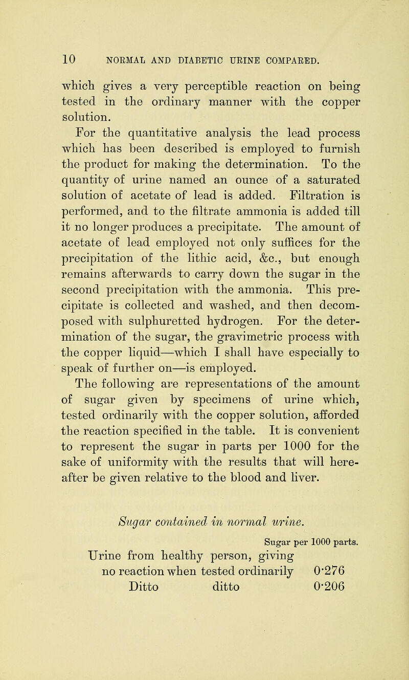 wHich gives a very perceptible reaction on being tested in the ordinary manner with, tlie copper solution. For the quantitative analysis the lead process which has been described is employed to furnish the product for making the determination. To the quantity of urine named an ounce of a saturated solution of acetate of lead is added. Filtration is performed, and to the filtrate ammonia is added till it no longer produces a precipitate. The amount of acetate of lead employed not only suffices for the precipitation of the lithic acid, &c., but enough remains afterwards to carry down the sugar in the second precipitation with the ammonia. This pre- cipitate is collected and washed, and then decom- posed with sulphuretted hydrogen. For the deter- mination of the sugar, the gravimetric process with the copper liquid—which I shall have especially to speak of further on—is employed. The following are representations of the amount of sugar given by specimens of urine which, tested ordinarily with the copper solution, afforded the reaction specified in the table. It is convenient to represent the sugar in parts per 1000 for the sake of uniformity with the results that will here- after be given relative to the blood and liver. Sugar contained in normal urine. Sugar per 1000 parts. Urine from healthy person, giving no reaction when tested ordinarily 0*276 Ditto ditto 0-206