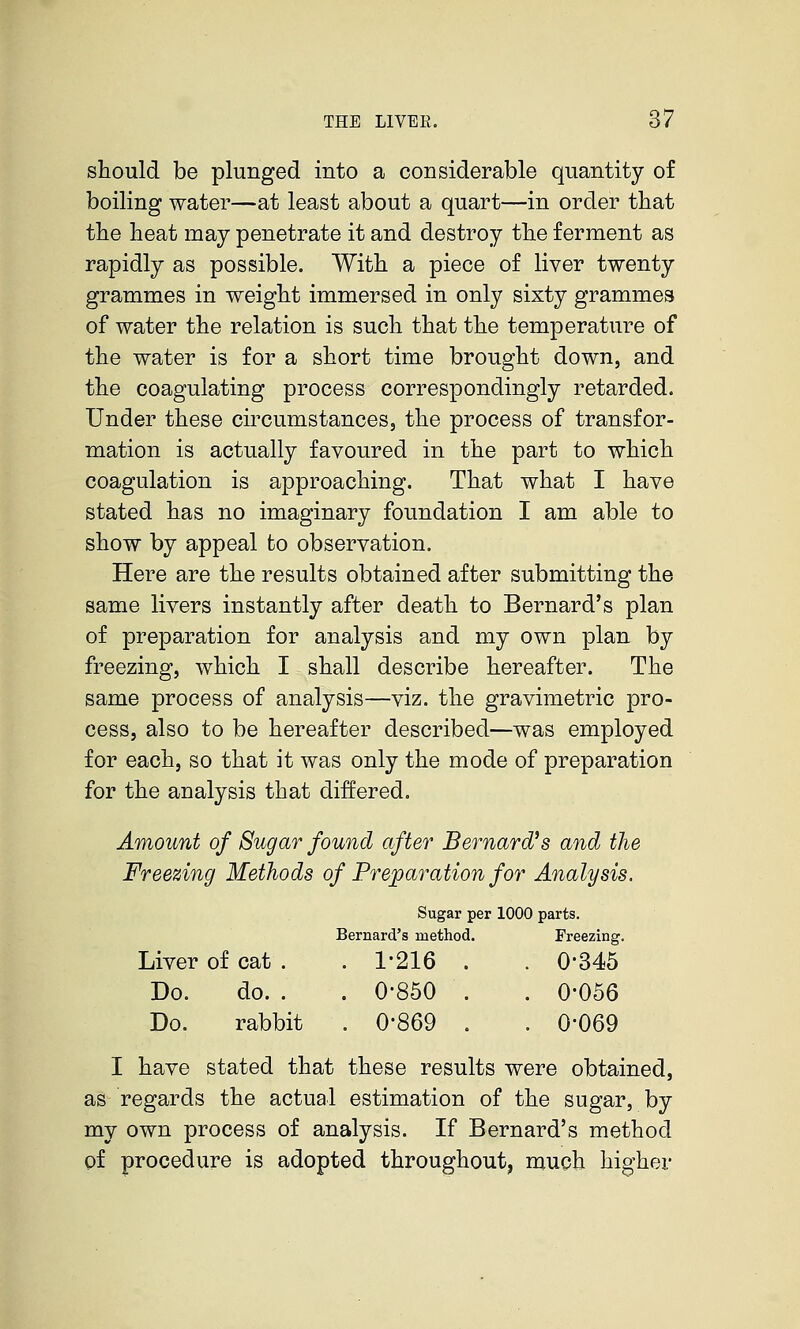 should be plunged into a considerable quantity of boiling water—at least about a quart—in order that the heat may penetrate it and destroy the ferment as rapidly as possible. With a piece of liver twenty grammes in weight immersed in only sixty grammes of water the relation is such that the temperature of the water is for a short time brought down, and the coagulating process correspondingly retarded. Under these circumstances, the process of transfor- mation is actually favoured in the part to which coagulation is approaching. That what I have stated has no imaginary foundation I am able to show by appeal to observation. Here are the results obtained after submitting the same livers instantly after death to Bernard's plan of preparation for analysis and my own plan by freezing, which I shall describe hereafter. The same process of analysis—viz. the gravimetric pro- cess, also to be hereafter described—was employed for each, so that it was only the mode of preparation for the analysis that differed. Amount of Sugar found after Bernard's and the Freezing Methods of Preparation for Analysis. Sugar per 1000 parts. Bernard's method. Freezing. Liver of cat . . 1-216 . . 0'345 Do. do. . . 0-850 . . 0-056 Do. rabbit . 0-869 . . 0-069 I have stated that these results were obtained, as regards the actual estimation of the sugar, by my own process of analysis. If Bernard's method of procedure is adopted throughout, much higher