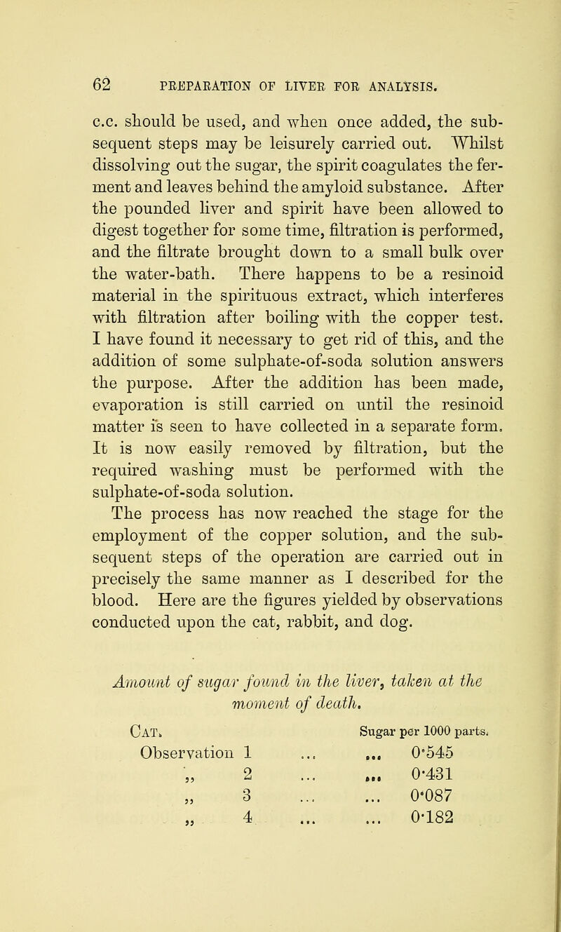 c.c. should be used, and wlien once added, tlie sub- sequent steps may be leisurely carried out. Whilst dissolving out the sugar, the spirit coagulates the fer- ment and leaves behind the amyloid substance. After the pounded liver and spirit have been allowed to digest together for some time, filtration is performed, and the filtrate brought down to a small bulk over the water-bath. There happens to be a resinoid material in the spirituous extract, which interferes with filtration after boiling with the copper test. I have found it necessary to get rid of this, and the addition of some sulphate-of-soda solution answers the purpose. After the addition has been made, evaporation is still carried on until the resinoid matter is seen to have collected in a separate form. It is now easily removed by filtration, but the required washing must be performed with the sulphate-of-soda solution. The process has now reached the stage for the employment of the copper solution, and the sub- sequent steps of the operation are carried out in precisely the same manner as I described for the blood. Here are the figures yielded by observations conducted upon the cat, rabbit, and dog. Amount of sugar found in the liver, taken at the moment of death. CaTi. Sugar per 1000 parts. Observation 1 ... ... 0°545 2 0-431 3 0*087 . „ 4 0-182