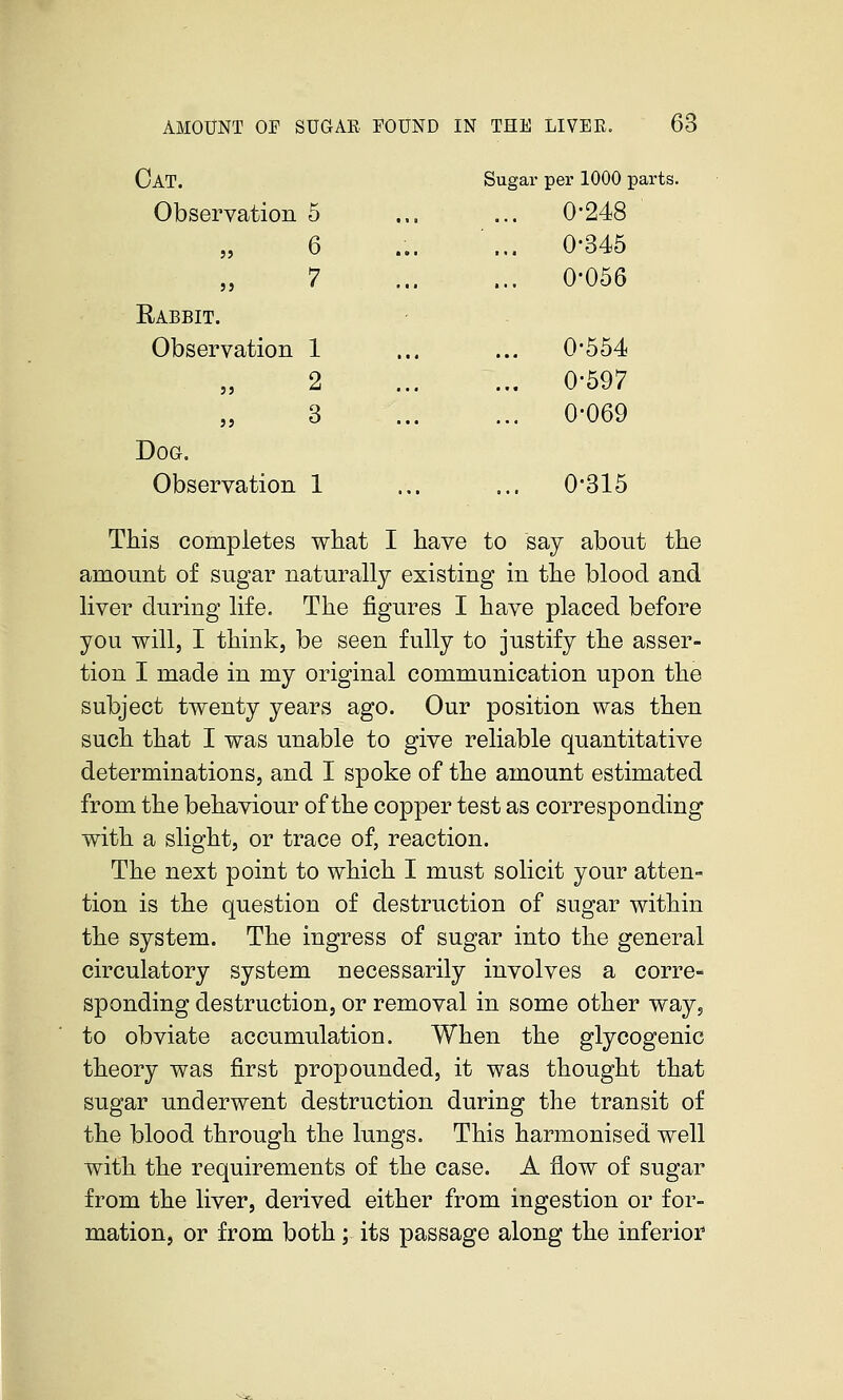 Oat. Sugar per 1000 parts. Observation 5 0-248 6 ... 0-345 7 0-056 Rabbit. Observation 1 0-554 2 0-597 3 0-069 Dog. Observation 1 0-315 This completes what I have to say about the amount of sugar naturally existing in the blood and liver during life. The figures I have placed before you will, I think, be seen fully to justify the asser- tion I made in my original communication upon the subject twenty years ago. Our position was then such that I was unable to give reliable quantitative determinations, and I spoke of the amount estimated from the behaviour of the copper test as corresponding with a slight, or trace of, reaction. The next point to which I must solicit your atten- tion is the question of destruction of sugar within the system. The ingress of sugar into the general circulatory system necessarily involves a corre- sponding destruction, or removal in some other way, to obviate accumulation. When the glycogenic theory was first propounded, it was thought that sugar underwent destruction during the transit of the blood through the lungs. This harmonised well with the requirements of the case. A flow of sugar from the liver, derived either from ingestion or for- mation, or from both; its passage along the inferior