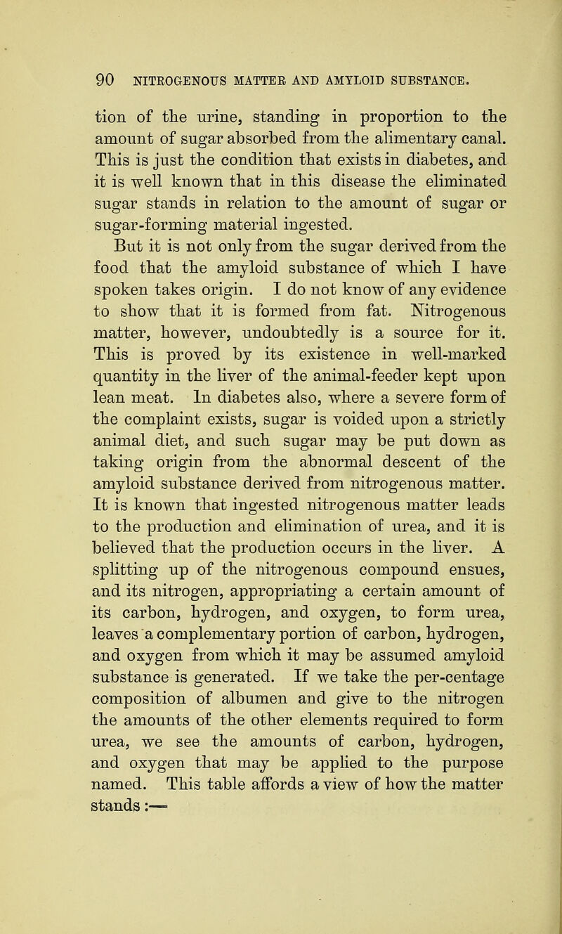 tion of the urine, standing in proportion to the amount of sugar absorbed from the alimentary canal. This is just the condition that exists in diabetes, and it is well known that in this disease the eliminated sugar stands in relation to the amount of sugar or sugar-forming material ingested. But it is not only from the sugar derived from the food that the amyloid substance of which I have spoken takes origin. I do not know of any evidence to show that it is formed from fat. Nitrogenous matter, however, undoubtedly is a source for it. This is proved by its existence in well-marked quantity in the liver of the animal-feeder kept upon lean meat. In diabetes also, where a severe form of the complaint exists, sugar is voided upon a strictly animal diet, and such sugar may be put down as taking origin from the abnormal descent of the amyloid substance derived from nitrogenous matter. It is known that ingested nitrogenous matter leads to the production and elimination of urea, and it is believed that the production occurs in the liver. A splitting up of the nitrogenous compound ensues, and its nitrogen, appropriating a certain amount of its carbon, hydrogen, and oxygen, to form urea, leaves a complementary portion of carbon, hydrogen, and oxygen from which it may be assumed amyloid substance is generated. If we take the per-centage composition of albumen and give to the nitrogen the amounts of the other elements required to form urea, we see the amounts of carbon, hydrogen, and oxygen that may be applied to the purpose named. This table alBfords a view of how the matter stands:—