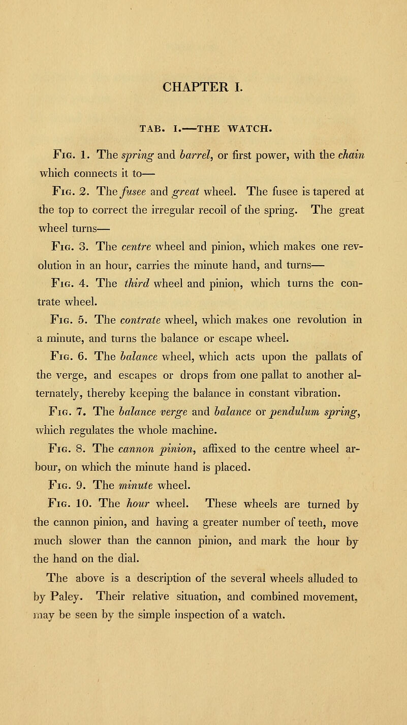 TAB. I. THE WATCH. Fig. 1. The spring and barrel, or first power, with the chain which connects it to— Fig. 2. The^Msee and great wheel. The fusee is tapered at the top to correct the irregular recoil of the spring. The great wheel turns— Fig. 3. The centre wheel and pinion, which makes one rev- olution in an hour, carries the minute hand, and turns— Fig. 4. The third wheel and pinion, which turns the con- trate wheel. Fig. 5. The contrate wheel, which makes one revolution in a minute, and turns the balance or escape wheel. Fig. 6. The balance wheel, which acts upon the pallats of the verge, and escapes or drops from one pallat to another al- ternately, thereby keeping the balance in constant vibration. Fig. 7. The balance verge and balance or pendulum spring, which regulates the whole machine. Fig. 8. The cannon pinion, affixed to the centre wheel ar- bour, on which the minute hand is placed. Fig. 9. The minute wheel. Fig. 10. The hour wheel. These wheels are turned by the cannon pinion, and having a greater number of teeth, move much slower than the cannon pinion, and mark the hour by the hand on the dial. The above is a description of the several wheels alluded to by Faley. Their relative situation, and combined movement, rnay be seen by the simple inspection of a watch.