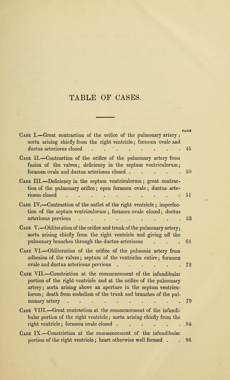 FA as Case I.—Great contraction of the orifice of the pulmonary artery; aorta arising chiefly from the right ventricle; foramen ovale and ductus arteriosus closed . . ' 45 Case II.—Contraction of the orifice of the pulmonary artery from fusion of the valves; deficiency in the septum ventriculorura; foramen ovale and ductus arteriosus closed 50 Case III.—Deficiency in the septum ventriculorum; great contrac- tion of the pulmonary orifice; open foramen ovale; ductus arte- riosus closed 51 Case IV.—Contraction of the outlet of the right ventricle; imperfec- tion of the septum ventriculorum; foramen ovale closed; ductus arteriosus pervious 53 Case V.—Obliteration of the orifice and trunk of the pulmonary artery; aorta arising chiefly from the right ventricle and giving off the pulmonary branches through the ductus arteriosus . . .68 Case VI.—Obliteration of the orifice of the pulmonic artery from adhesion of the valves; septum of the ventricles entire; foramen ovale and ductus arteriosus pervious 72 Case VII.—Constriction at the commencement of the infundibular portion of the right ventricle and at the orifice of the puhuonary artery; aorta arising above an aperture in the septum ventricu- lorum ; death from embolism of the trunk and branches of the pul- monary artery 79 Case VIII.—Great contraction at the commencement of the infundi- bular portion of the right ventricle; aorta arising chiefly from the right ventricle; foramen ovale closed 84 Case IX.—Constriction at the commencement of the infundibular portion of the right ventricle; heart otherwise well formed . . 86