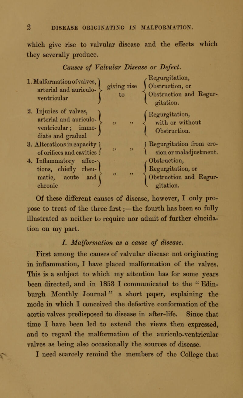 which give rise to valvular disease and the effects which they severally produce. Causes of Valvular Disease or Defect. l.Malfbrmationofvalves,) . . /Regurgitation, . , , . , [ giving rise J Obstruction, or arterial and aunculo- V ° ° J M , ,. 7 _ _ , . , ( to l Obstruction and Regur- ventricular I I . / V gitation. 2. Injuries of valves -| (Regurgitation, arterial and aunculo- f ?> „ 1 with or without ventricular; imme- Obstruction, diate and gradual y v 3. Alterations in capacity ) ( Regurgitation from ero- of orifices and cavities J ( sion or maladjustment. 4. Inflammatory affec-\ /Obstruction, tions, chiefly rheu- ( J Regurgitation, or matic, acute and C j Obstruction and Regur- chronic ' v gitation. Of these different causes of disease,, however, I only pro- pose to treat of the three first;—the fourth has been so fully illustrated as neither to require nor admit of further elucida- tion on my part. /. Malformation as a cause of disease. First among the causes of valvular disease not originating in inflammation, I have placed malformation of the valves. This is a subject to which my attention has for some years been directed, and in 1853 I communicated to the  Edin- burgh Monthly Journal a short paper, explaining the mode in which I conceived the defective conformation of the aortic valves predisposed to disease in after-life. Since that time I have been led to extend the views then expressed, and to regard the malformation of the auriculo-ventricular valves as being also occasionally the sources of disease. I need scarcely remind the members of the College that