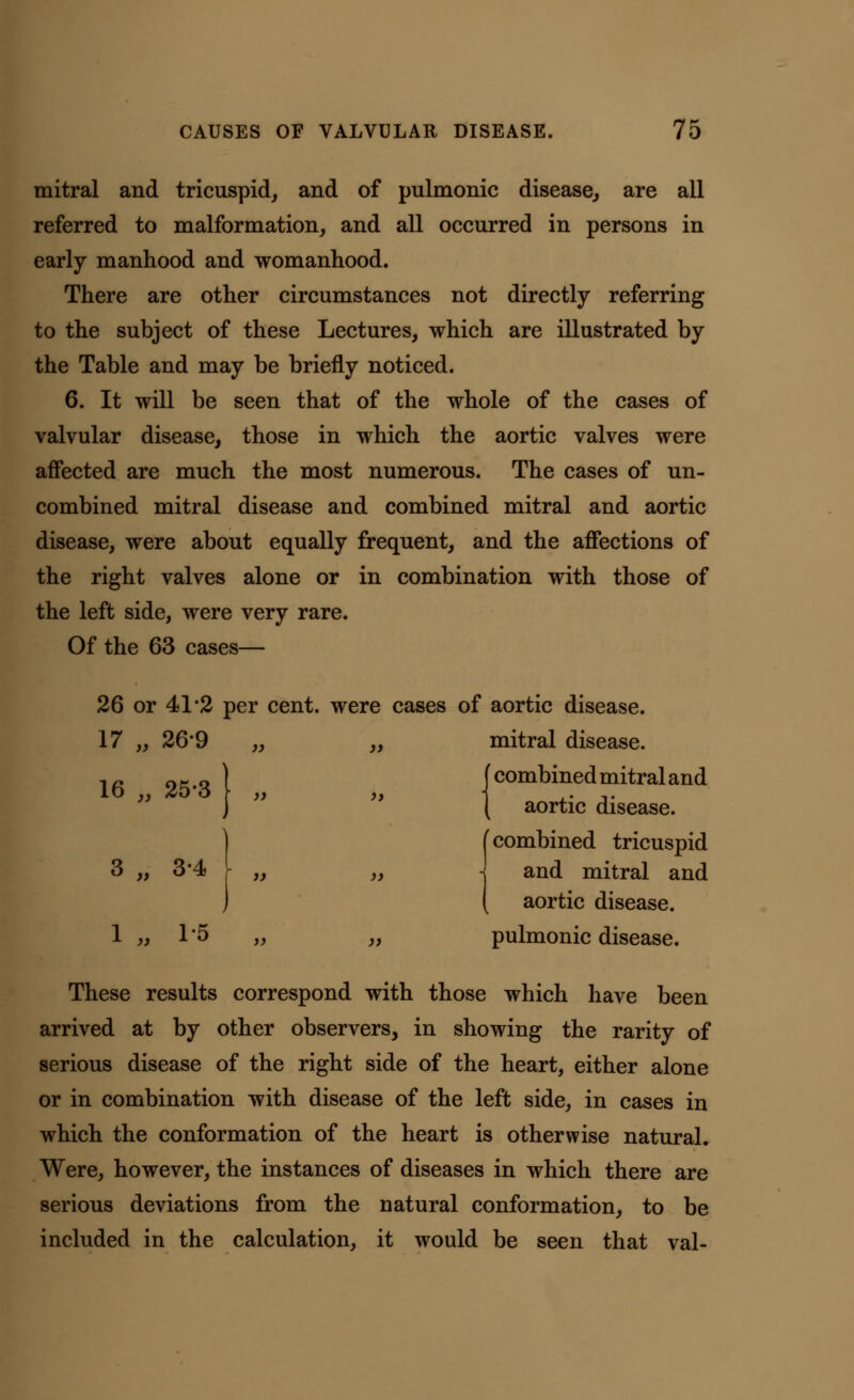 mitral and tricuspid, and of pulmonic disease, are all referred to malformation, and all occurred in persons in early manhood and womanhood. There are other circumstances not directly referring to the subject of these Lectures, which are illustrated by the Table and may be briefly noticed. 6. It will be seen that of the whole of the cases of valvular disease, those in which the aortic valves were affected are much the most numerous. The cases of un- combined mitral disease and combined mitral and aortic disease, were about equally frequent, and the affections of the right valves alone or in combination with those of the left side, were very rare. Of the 63 cases— 26 or 41'2 per cent, were cases of aortic disease. 17 „ 26*9 „ „ mitral disease. 16 25-S 1 [combined mitral and j { aortic disease. | C combined tricuspid 3 „ 3*4 \ „ „ J and mitral and ( aortic disease. 1 a 1'5 „ „ pulmonic disease. These results correspond with those which have been arrived at by other observers, in showing the rarity of serious disease of the right side of the heart, either alone or in combination with disease of the left side, in cases in which the conformation of the heart is otherwise natural. Were, however, the instances of diseases in which there are serious deviations from the natural conformation, to be included in the calculation, it would be seen that val-