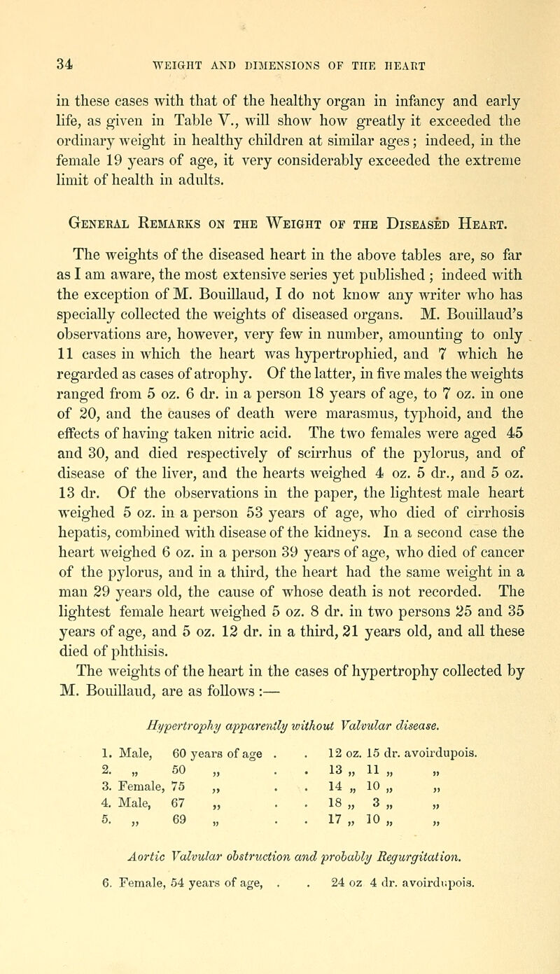 in these cases with that of the healthy organ in infancy and early life, as given in Table V., will show how greatly it exceeded the ordinary weight in healthy children at similar ages ; indeed, in the female 19 years of age, it very considerably exceeded the extreme limit of health in adnlts. Geneeal Remarks on the Weight of the Diseased Heart. The weights of the diseased heart in the above tables are, so far as I am aware, the most extensive series yet pnblished ; indeed with the exception of M. Bonilland, I do not know any writer who has specially collected the weights of diseased organs. M. Bouillaud's observations are, however, very few in nnmber, amounting to only 11 cases in which the heart was hypertrophied, and 7 which he regarded as cases of atrophy. Of the latter, in five males the weights ranged from 5 oz. 6 dr. in a person 18 years of age, to 7 oz. in one of 20, and the causes of death were marasmus, typhoid, and the effects of having taken nitric acid. The two females were aged 45 and 30, and died respectively of scirrhus of the pylorus, and of disease of the liver, and the hearts weighed 4 oz. 5 dr., and 5 oz. 13 dr. Of the observations in the paper, the lightest male heart weighed 5 oz. in a person 53 years of age, who died of cirrhosis hepatis, combined with disease of the kidneys. In a second case the heart weighed 6 oz. in a person 39 years of age, who died of cancer of the pylorus, and in a third, the heart had the same weight in a man 29 years old, the cause of whose death is not recorded. The lightest female heart weighed 5 oz, 8 dr. in two persons 25 and 35 years of age, and 5 oz. 12 dr. in a third, 21 years old, and all these died of phthisis. The weights of the heart in the cases of hypertrophy collected by M. Bouillaud, are as follows :— Hypertrophy apparently without Valvular disease. 1. Male, 60 years of age . . 12 oz. 15 dr. avoirdupois. 2. „ 50 „ . . 13 „ 11 „ „ 3. Female, 75 „ . . 14 „ 10 „ „ 4. Male, 67 „ . . 18 „ 3 „ „ 5. „ 69 „ . . 17 „ 10 „ Aortic Valvular obstruction and probably Regurgitation. 6. Female, 54 years of age, , . 24 oz 4 dr. avoirdr.pois.