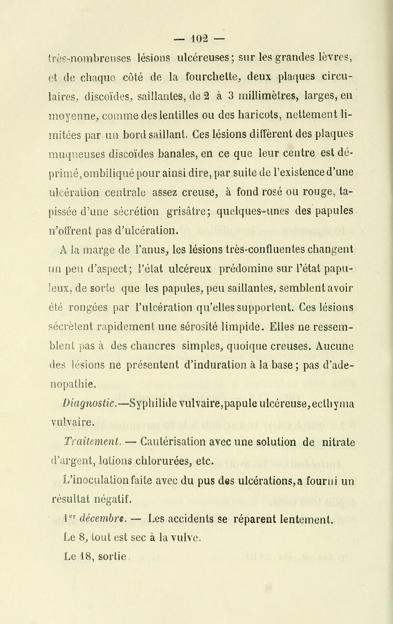 très-nombreuses lésions ulcéreuses; sur les grandes lèvres, et de chaque côté de la fourchette, deux plaques circu- laires, discoïdes, saillantes, de 2 à 3 millimètres, larges, en moyenne, comme des lentilles ou des haricots, nettement li- mitées par un bord saillant. Ces lésions diffèrent des plaques muqueuses discoïdes banales, en ce que leur centre est dé- primé, ombiliqué pour ainsi dire, par suite de l'existence d'une ulcération centrale assez creuse, à fond rosé ou rouge, ta- pissée d'une sécrétion grisâtre; quelques-unes des papules n'offrent pas d'ulcération. À la marge de l'anus, les lésions très-confluentes changent un peu d'aspect; l'état ulcéreux prédomine sur l'état papu- leux, de sorte que les papules, peu saillantes, semblent avoir été rongées par l'ulcération qu'elles supportent. Ces lésions sécrètent rapidement une sérosité limpide. Elles ne ressem- blent pas à des chancres simples, quoique creuses. Aucune des lésions ne présentent d'induration à la base ; pas d'ade- nopathie. Diagnostic— Syphilide vulvaire,papule ulcéreuse,eclhyma volvaire. Traitement, — Cautérisation avec une solution de nitrate d'argent, lotions chlorurées, etc. L'inoculation faite avec du pus des ulcérations, a fourni un résultat négatif. 1er décembre. — Les accidents se réparent lentement. Le 8, tout est sec à la vulve. Le 18, sortie.