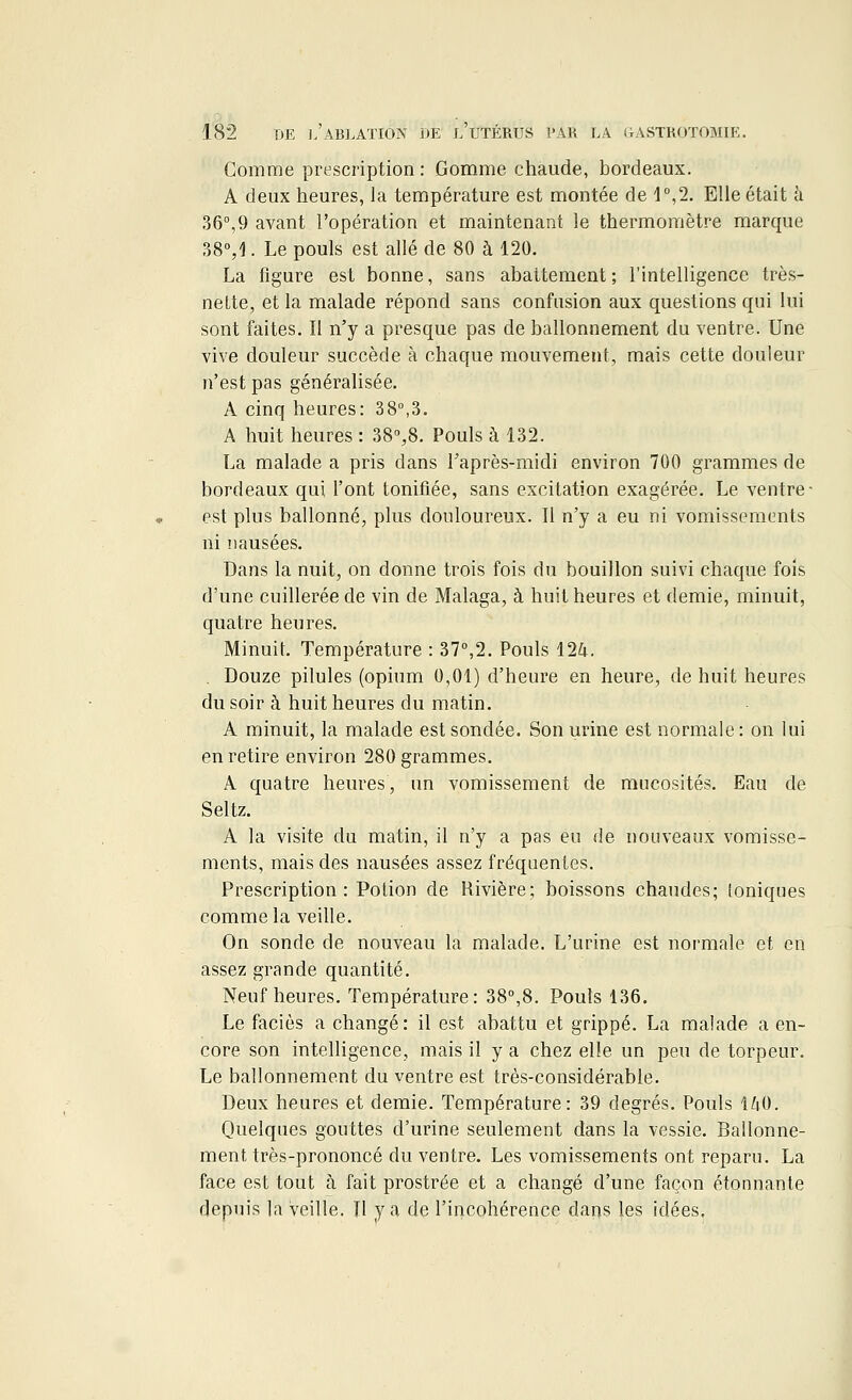 Gomme prescription : Gomme chaude, bordeaux. A deux heures, la température est montée de 1°,2. Elle était à 36°,9 avant l'opération et maintenant le thermomètre marque 38°,1. Le pouls est allé de 80 à 120. La figure est bonne, sans abattement; l'intelligence très- nette, et la malade répond sans confusion aux questions qui lui sont faites. Il n'y a presque pas de ballonnement du ventre. Une vive douleur succède à chaque mouvement, mais cette douleur n'est pas généralisée. A cinq heures: 38°,3. A huit heures : 38°,8. Pouls à 132. La malade a pris dans l'après-midi environ 700 grammes de bordeaux qui l'ont tonifiée, sans excitation exagérée. Le ventre - est plus ballonné, plus douloureux. Il n'y a eu ni vomissements ni nausées. Dans la nuit, on donne trois fois du bouillon suivi chaque fois d'une cuillerée de vin de Malaga, à huit heures et demie, minuit, quatre heures. Minuit. Température : 37°,2. Pouls 12ft. . Douze pilules (opium 0,01) d'heure en heure, de huit heures du soir à huit heures du matin. A minuit, la malade est sondée. Son urine est normale : on lui en retire environ 280 grammes. A quatre heures, un vomissement de mucosités. Eau de Seltz. A la visite du matin, il n'y a pas eu de nouveaux vomisse- ments, mais des nausées assez fréquentes. Prescription : Potion de Rivière; boissons chaudes; toniques comme la veille. On sonde de nouveau la malade. L'urine est normale et en assez grande quantité. Neuf heures. Température: 38°,8. Pouls 136. Le faciès a changé: il est abattu et grippé. La malade a en- core son intelligence, mais il y a chez elle un peu de torpeur. Le ballonnement du ventre est très-considérable. Deux heures et demie. Température: 39 degrés. Pouls 1Z|0. Quelques gouttes d'urine seulement dans la vessie. Ballonne- ment très-prononcé du ventre. Les vomissements ont reparu. La face est tout à fait prostrée et a changé d'une façon étonnante depuis la veille. Il y a de l'incohérence dans les idées.