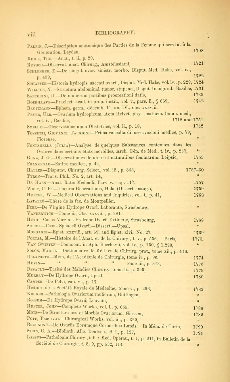 1'ai.hn. J.—Description anatomique des Parties de la Femme qui servent h la (u'lR-rntion, Leyden, l'^8 RCICK, I'm:.—Anat., t. ii., p. 29. Rotsch—Obaervat. anat. Chirurg., Arastelsedami, 1721 SOHLBHKBB, E.—Do singul. ovar. sinistr. morbo. Disput. Med. Halse, vol. iv., p. 439, 1^2 Schacter—Historia hydropis saccati ovarii, Disput. Med. Halse, vol. iv., p. 229, 1724 WiLi.ns, X.—Smictura abdominal, tumor, stupend., Disput. Inaugural., Basilise, 1731 SaNTORINI, D.—De mulierum partibus procreationi datis, 1739 Boeruaave—Praelect. acad. in prop, instit., vol. v., pars, ii., § 669, 1742 BaotzmaNN—Ephcm. germ., decemb. 11, an. IV., obs. xxxviii. l'i ■> KR, Ulr.—Ovarium hydropieum, Acta Helvet. phys. mathem. botan. med., vol. iv., Basilhe, 1718 and 1751 Smklue—Observations upon Obstetrics, vol. ii., p. 18, 1752 Tozzetti, Giovanni Targioni—Prima raccolta di osservazioni medice, p. 79, Fiorenze,  Fontaxella (Julia)—Analyse de quelques Substances contenues dans les Ovaires dans certains etats morbides, Arch. Gen. de Med., t. iv., p. 257,  Gonz, J. G.—Observationes de utero et naturalibus feminarum, Leipsic, 1753 Frankenau—Satirae medica?, p. 44,  Haller—Disputat. Chirurg. Select, vol. iii., p. 343, 1757-60 Tyron—Trans. Phil, No. 2, art. 14,  Dk IIaen—Anat. Ratio Medendi, Pars iv., cap. 117, 1757 Wolf, C. Fr.—Theoria Generationis, Halae (Dissert, inaug.), 1759 Hunter, W.—Medical Observations and Inquiries, vol. i., p. 41, 1762 Latapre—These de la fac. de Montpellier. Febr—De Virgine Hydrope Ovarii Laborante, Strasbourg,  Yanderwich—Tome ii., Obs. xxxviii., p. 281. Hcth—Casus Virginis Hydrope Ovarii Extinctas, Strasbourg, 1768 Sidren—Casus Sphaceli Ovarii—Dissert.—Upsal,  Morgagni—Epist. xxxviii., art. 69, and Epist. xlvi., No. 27, 1769 Portal, M.—Histoire de l'Anat. et de la Chirurg., t. v., p. 556. Paris, 1770. Van Swieten—Comment, in Aph. Boerhavii, vol. iv., p. 150, § 1,223,  Solon, Martin—Dictionnaire de Med. et de Chirurg. prat., tome xii., p. 416. Delaporte—Mem. de l'Academie de Chirurgie, tome iv., p. 96, 1774 Hevin—    tome iii., p. 343, 1776 Desaclt—Traite des Maladies Chirurg., tome ii., p. 325, 1779 Murray—De Hydrope Ovarii, Upsal, 1780 Camper—De Pelvi, cap. vi., p. 17. Histoire de la Societe Royale de Medecine, tome v., p. 296, 1782 Kruger—Pathologia Ovariorum mulierum, Gottingen, « Rossusi—De Hydrope Ovarii, Louvain, « Hunter, John—Complete Works, vol. i., p. 655, 1786 Motz—De Structura usu et Morbis Ovariorum, Giessen, 1789 Pott, Percival—Chirurgical Works, vol. iii., p. 329, « Brugnone—De Ovariis Eorumque Corporibus Luteis. In Mem. de Turin, 1790 Stein, G. A.—Biblioth. Allg. Deutsch., B. i., p. 127, 1794 Lassus—Pathologie Chirurg., t. ii.; Med. Operat., t.'l, p. 211, in Bulletin de la