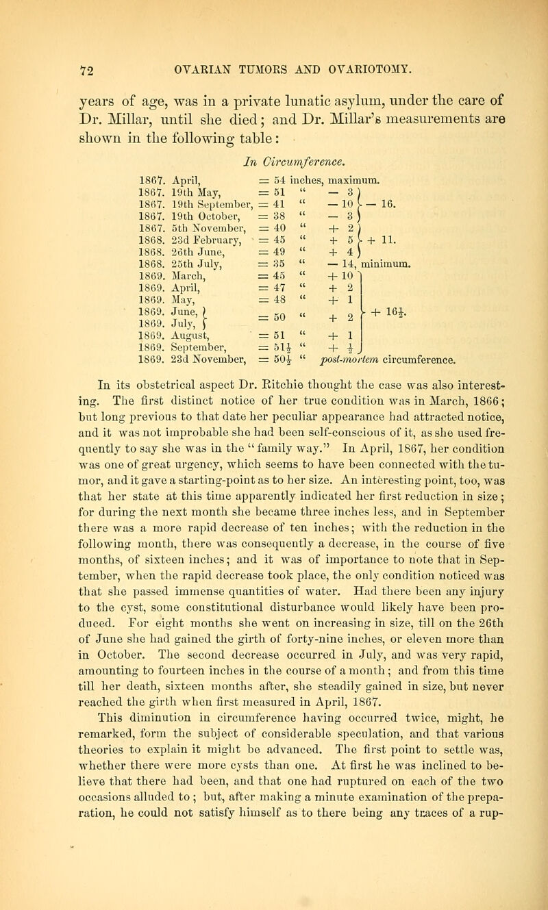 years of age, was in a private lunatic asylum, under the care of Dr. Millar, until she died; and Dr. Millar's measurements are shown in the following table: In Circumference. 1867. April, = 54 inches, maximum. 1867. 19 th May, = 51 It - 8} - 10 I— 16. - 3) 1867. 19th September, = 41 a 1867. 19th October, = 38 <( 1867. 5th November, = 40 u + 2) 1868. 23d February, = 45 it + 5 [ + 11. 1868. 26th June, = 49 « + 4) 1868. 25th July, = 35 « — 14, minimum. 1869. March, = 45 u + 10] 1869. April, = 47 u + 2 1869. May, = 48 a + 1 1869. 1869. June, ) July, f = 50 u + 2 - + 16*. 1869. August, = 51 u + 1 1869. September, = 51£ a + i. 1869. 23d November, = 50| t( post-mo i tern circumference In its obstetrical aspect Dr. Kitchie thought the case was also interest- ing. The first distinct notice of her true condition was in March, 1866; but long previous to that date her peculiar appearance had attracted notice, and it was not improbable she had been self-conscious of it, as she used fre- quently to say she was in the  family way. In April, 1867, her condition was one of great urgency, which seems to have been connected with the tu- mor, and it gave a starting-point as to her size. An interesting point, too, was that her state at this time apparently indicated her first reduction in size ; for during the next month she became three inches less, and in September there was a more rapid decrease of ten inches; with the reduction in the following month, there was consequently a decrease, in the course of five months, of sixteen inches; and it was of importance to note that in Sep- tember, when the rapid decrease took place, the only condition noticed was that she passed immense quantities of water. Had there been any injury to the cyst, some- constitutional disturbance would likely have been pro- duced. For eight months she went on increasing in size, till on the 26th of June she had gained the girth of forty-nine inches, or eleven more than in October. The second decrease occurred in July, and was very rapid, amounting to fourteen inches in the course of a month; and from this time till her death, sixteen months after, she steadily gained in size, but never reached the girth when first measured in April, 1867. This diminution in circumference having occurred twice, might, he remarked, form the subject of considerable speculation, and that various theories to explain it might be advanced. The first point to settle was, whether there were more cysts than one. At first he was inclined to be- lieve that there had been, and that one had ruptured on each of the two occasions alluded to ; but, after making a minute examination of the prepa- ration, he could not satisfy himself as to there being any traces of a rup-