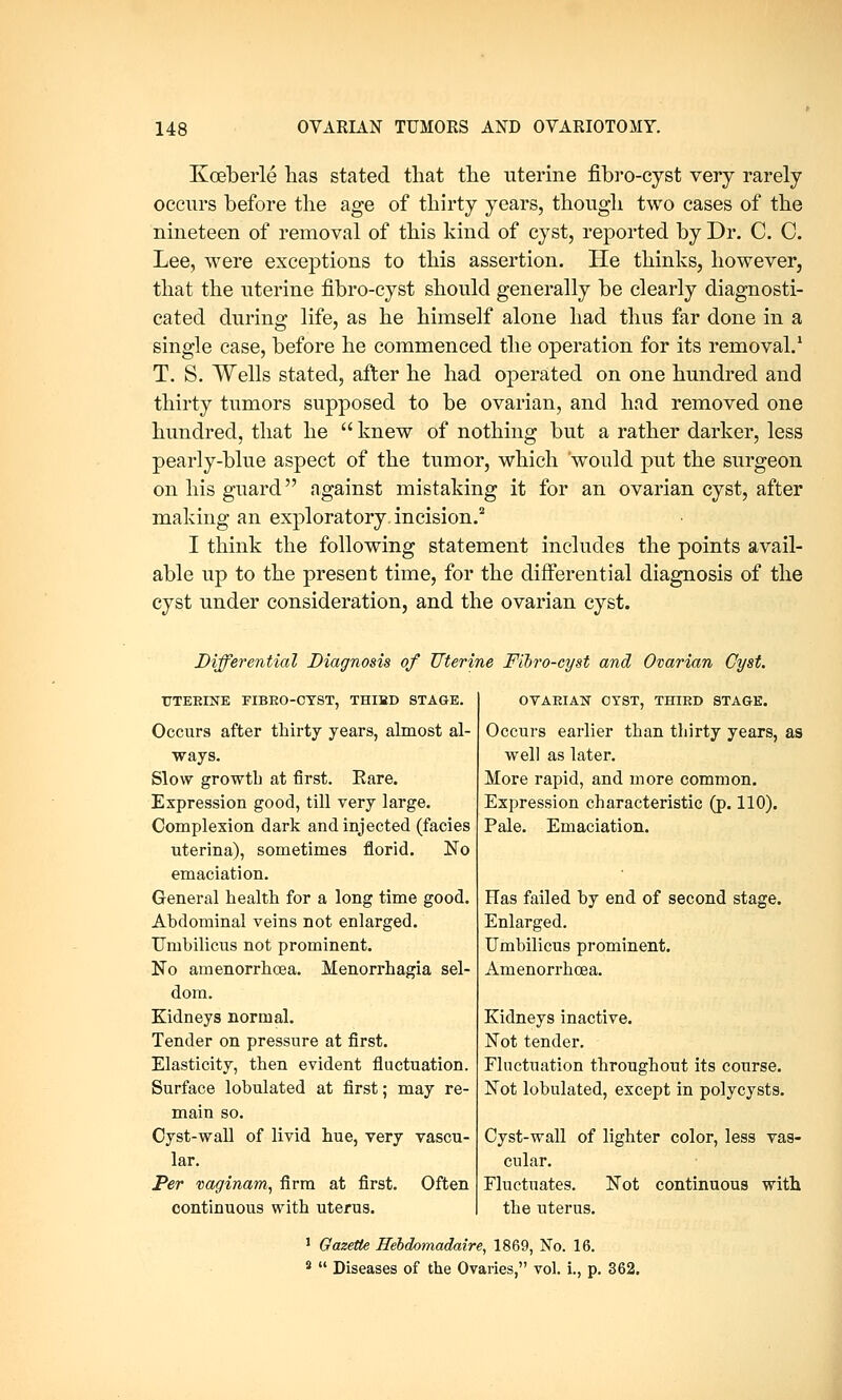 Kceberle has stated that the uterine fibro-cyst very rarely occurs before the age of thirty years, though two cases of the nineteen of removal of this kind of cyst, reported by Dr. C. C. Lee, were exceptions to this assertion. He thinks, however, that the uterine fibro-cyst should generally be clearly diagnosti- cated during life, as he himself alone had thus far done in a single case, before he commenced the operation for its removal.1 T. S. Wells stated, after he had operated on one hundred and thirty tumors supposed to be ovarian, and had removed one hundred, that he  knew of nothing but a rather darker, less pearly-blue aspect of the tumor, which would put the surgeon on his guard against mistaking it for an ovarian cyst, after making an exploratory, incision.2 I think the following statement includes the points avail- able up to the present time, for the differential diagnosis of the cyst under consideration, and the ovarian cyst. Differential Diagnosis of Uterine Fibro-cyst and Ovarian Cyst. UTERINE FIBRO-CYST, THIBD STAGE. Occurs after thirty years, almost al- ways. Slow growth at first. Eare. Expression good, till very large. Complexion dark and injected (facies uterina), sometimes florid. No emaciation. General health for a long time good. Abdominal veins not enlarged. Umbilicus not prominent. No amenorrhoea. Menorrhagia sel- dom. Kidneys normal. Tender on pressure at first. Elasticity, then evident fluctuation. Surface lobulated at first; may re- main so. Cyst-wall of livid hue, very vascu- lar. Per vaginam, firm at first. Often continuous with uterus. OVARIAN OYST, THIRD STAGE. Occurs earlier than thirty years, as well as later. More rapid, and more common. Expression characteristic (p. 110). Pale. Emaciation. Has failed by end of second stage. Enlarged. Umbilicus prominent. Amenorrhoea. Kidneys inactive. Not tender. Fluctuation throughout its course. Not lobulated, except in polycysts. Cyst-wall of lighter color, less vas- cular. Fluctuates. Not continuous with the uterus. 1 Gazette Hebdomadaire, 1869, No. 16. 8  Diseases of the Ovaries, vol. i., p. 362.