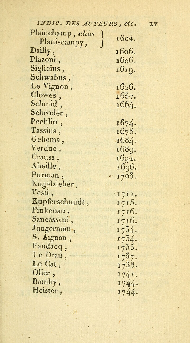 PJaniscampy, ! 1604. DaiJly, 1606. Plazoni, 1606. Siglicius , 1610. Schwabus, */ Le Vignon ? 1626. Clowes , îmj. Schmid , 1664. Schroder ? Pechlin , 1674. Tassius , 1678. Gehema, 1684. Verduc ? 1689. Grauss , 1694. Abeille , 2696. Pu rai an , - 1705. Kugelzieher, Vesii ', ï 711. Kupferschmidt ? 1715. Finkenau , 1716, Sancassani, 1716. Jungerman , 1754. S. Àignan , 1734. Faudacq ? 1735. Le Dran , 1737. Le Gat ? i738. Olier , 1741» Ramby, 1744. Heister , i?44-