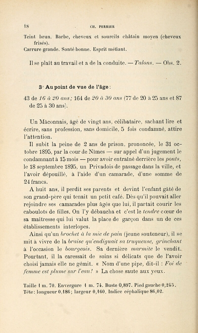 Teint brun. Barbe, cheveux et sourcils châtain moyen (cheveux frisés). Carrure grande. Santé bonne. Esprit méfiant. Il se plaît au travail et a de la conduite. — Talons. — Obs. 2. 3^ Au point de vue de l'âge : 43 de i6 à 5^ ans; 164 de 20 à 30 ans (77 de 20 à 25 ans et 87 de 25 à 30 ans). Un Maçonnais, âgé de vingt ans, célibataire, sachant lire et écrire, sans profession, sans domicile, 5 fois condamné, attire l'attention. Il subit la peine de 2 ans de prison, prononcée, le 31 oc- tobre 1895, par la cour de Nîmes — sur appel d'un jugement le condamnant à 15 mois — pour avoir entraîné derrière les ponts, le 18 septembre 1895, un Privadois de passage dans la ville, et l'avoir dépouillé, à l'aide d'un camarade, d'une somme de 24 francs. A huit ans, il perdit ses parents et devint l'enfant gâté de son grand-père qui tenait un petit café. Dès qu'il pouvait aller rejoindre ses camarades plus âgés que lui, il partait courir les caboulots de filles. On l'y débaucha et c'est le tendre cœur de sa maîtresse qui lui valut la place de garçon dans un de ces établissements interlopes. Ainsi qu'un brochet à la mie de pain (jeune souteneur), il se mit à vivre de la braise qu'endiguait sa truqueuse, grinchant à l'occasion le bourgeois. Sa dernière marmite le vendit. Pourtant, il la caressait de soins si délicats que de l'avoir choisi jamais elle ne gémit. « Nom d'une pipe, dit-il : Foi de femme est plume sur l'eau! » La chose saute aux yeux. Taille I m. 70. Envergure \ m. 74. Buste 0,897. Pied gauche 0,245. Tète: longueur 0,186; largeur 0,160. Indice céphalique 86,02.