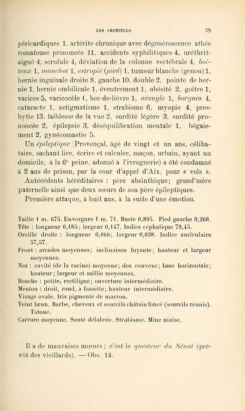 péricardiques 1, artérite chronique avec dégénérescence athée romateuse prononcée 11, accidents syphilitiques 4, uréthrit- aiguê 4, scrofule 4, déviation de la colonne vertébrale 4, boi- teux 1, manchot 1, estropié {pied) 1, tumeur blanche (genou) 1, hernie inguinale droite 8, gauche 10, double 2, pointe de her- nie 1, hernie ombilicale 1, éventrement 1, obésité 2, goitre 1, varices 5, varicocèle 1, bec-de-lièvre 1, aveugle 1, borgnes 4, cataracte 1, astigmatisme 1, strabisme 6, myopie 4, pres- bytie 13, faiblesse de la vue 2, surdité légère 3, surdité pro- noncée 2, épilepsie 3, déséquilibration mentale 1, bégaie- ment 2, gynécomastie 5. Un épileptique (Provençal, âgé de vingt et un ans, céliba- taire, sachant lire, écrire et calculer, maçon, urbain, ayant un domicile, à la 6*^ peine, adonné à l'ivrognerie) a été condamné à 2 ans de prison, par la cour d'appel d'Aix, pour « vols ». Antécédents héréditaires : père absinthique; grand'mère paternelle ainsi que deux sœurs de son père épileptiques. Première attaque, à huit ans, à la suite d'une émotion. Taille \ m. 675. Envergure 1 m. 71. Buste 0,895. Pied gauche 0,266. Tête : longueur 0,185; largeur 0,147. Indice cëphahque 79,45. Oreille droite : longueur 0,066; largeur 0,038. Indice auriculaire 57,57. Front : arcades moyennes; inclinaison fuyante; hauteur et largeur moyennes. Nez : cavité (de la racine) moyenne; dos convexe; base horizontale; hauteur; largeur et saillie moyennes. Bouche : petite, rectiligne; ouverture intermédiaire. Menton : droit, rond, à fossette; hauteur intermédiaire. Visage ovale. Iris pigmenté de marron. Teint brun. Barbe, cheveux et sourcils châtain foncé (sourcils réunis). Tatoué. Carrure moyenne. Santé délabrée. Strabisme. Mine niaise. Il a de mauvaises mœurs ; c'est le questeur du Sénat (pré-