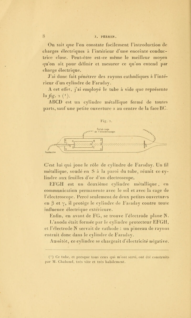 Oq sait que l'on constate facilement l'introduction de charges électriques à l'intérieur d'une enceinte conduc- trice close. Peut-être est-ce même le meilleur moyen qu'on ait pour définir et mesurer ce qu'on entend par charge électrique. J'ai donc fait pénétrer des rayons cathodiques à l'inté- rieur d'un cylindre de Faraday. A cet effet, j'ai employé le tube à vide que représente ABCD est un cylindre métallique fermé de toutes parts, sauf une petite ouverture a au centre de la faceBC. Fie. 2. Sol et cage de lélectroscope C'est lui qui joue le rôle de cylindre de Faraday. Un fil métallique, soudé en S à la paroi du tube, réunit ce cy- lindre aux feuilles d'or d'un électroscope. EFGH est un deuxième cylindre métallique , vn communication permanente avec le sol et avec la cage de rélectroscope. Percé seulement de deux petites ouverturc^s en [3 et y, il protège le cylindre de Faraday contre toute influence électrique extérieure. Enfin, en avant de FG, se trouve l'électrode plane N. L'anode était formée par le cylindre prolecteur EFGH, et l'électrode N servait de cathode : un pinceau de rayons entrait donc dans le cylindre de Faraday. Aussitôt, ce cylindre se chaigeait d'électricité négative. (') Ce tube, et presque tous ceux qui m'oni servi, onl clé conslruils par M. Chabaud, très vite et très liabilcmcnl.