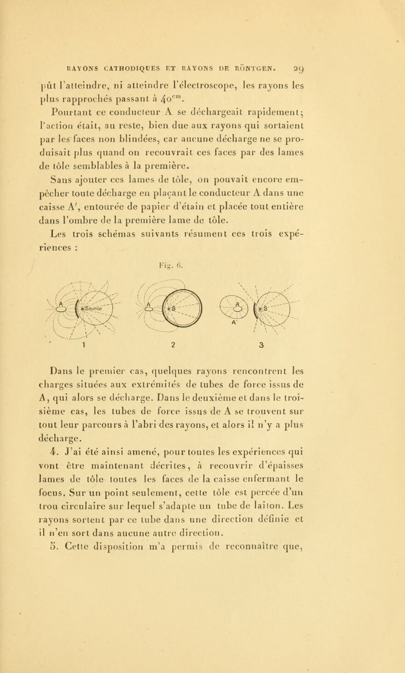 })ût l'alleiiiclic, ni atteindre l'électroscope, les rajons les plus rapprochés passant à 4o*^\ Pourtant ce conducieur A se déchargeait rapidement^ l'aclioii était, au reste, bien due aux rayons qui sortaient par les faces non blindées, car au(^une décharge ne se pro- duisait plus cjuand on recouvrait ces faces par des lames de lôle semblables à la première. Sans ajouter ces lames de lôle, on pouvait encore em- pêcher toute décharge en plaçant le conducteur A dans une caisse A', entourée de papier d'étain et placée tout entière dans l'ombre de la première lame de tôle. Les trois schémas suivants résument ces trois expé- riences : Fis. 6. Dans le premier cas, quelques rajons rencontrent les charges situées aux extrémités de tubes de force issus de A, qui alors se décharge. Dans le deuxième et dans le troi- sième cas, les tubes de force issus de A se trouvent sur tout leur parcours à l'abri des rayons, et alors il n'y a plus décharge. 4. J'ai été ainsi amené, pour toutes les expériences qui vont être maintenant décrites, à recouvrir d'épaisses lames de lôle toutes les faces de la caisse enfermant le focus. Sur un point seulement, celte tôle est percée d'un trou circulaire sur lequel s'adapte un tube de laiton. Les rayons sortent par ce tube dans une direction définie et il n'en sort dans aucune autre direction. 5. Cette disposition m'a permis de reconnaître que,