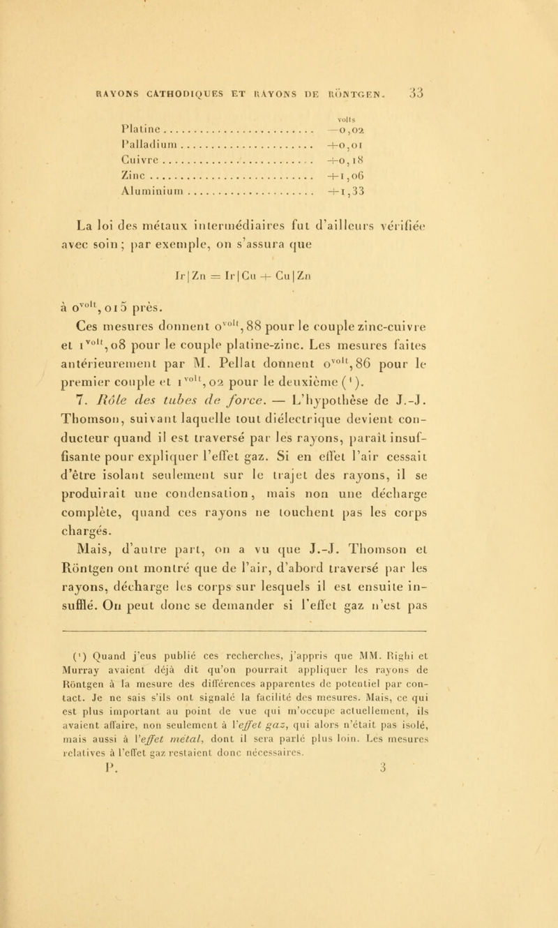 volts Platine —0,02 l^alladium H-o,oi Cuivre -ho, 18 Zinc H-i ,06 Aluminium -f-i,33 La loi des métaux inieriiiédiaires fut d'ailleurs véiifiée av€C soin; ()ar exemple, on s'assura que Ir|Zn = Ir|Ga + Cu|Zn à o^^*^, 015 près. Ces mesures donnent o''*,88 pour le couple zinc-cuivre et i^'^^',o8 pour le couple platine-zinc. Les mesures faites antérieurement par M. Pellat donnent o^°*^,86 pour le premier couple et i^''^^,02 pour le deuxième ('). 7. Rôle des tubes de force. — L'iijpothèse de J.-J. Thomson, suivant laquelle tout diélectrique devient con- ducteur quand il est traversé par les rayons, parait insuf- fisante pour expliquer l'effet gaz. Si en effet l'air cessait d'être isolant seulement sur le trajet des rayons, il se produirait une condensation, mais non une décharge complète, quand ces rayons ne louchent pas les corps chargés. Mais, d'autre part, on a vu que J.-J. Thomson et Rontgen ont montré que de l'air, d'abord traversé })ar les rayons, décharge les corps sur lesquels il est ensuite in- sufflé. On peut donc se demander si l'effet gaz n'est pas (') Quand j'eus publié ces recherches, j'appris que MM. Righi et Murray avaient déjà dit qu'on pourrait appliquer les rayons de Rontgen à la mesure des différences apparentes de potentiel par con- tact. Je ne sais s'ils ont signalé la facilité des mesures. Mais, ce qui est plus important au point de vue qui m'occupe actuellement, ils avaient affaire, non seulement à Veffet gaz, qui alors n'était pas isolé, mais aussi à ^effet métal-, dont il sera parlé plus loin. Les mesures relatives à l'effet gaz restaient donc nécessaires. P. 3