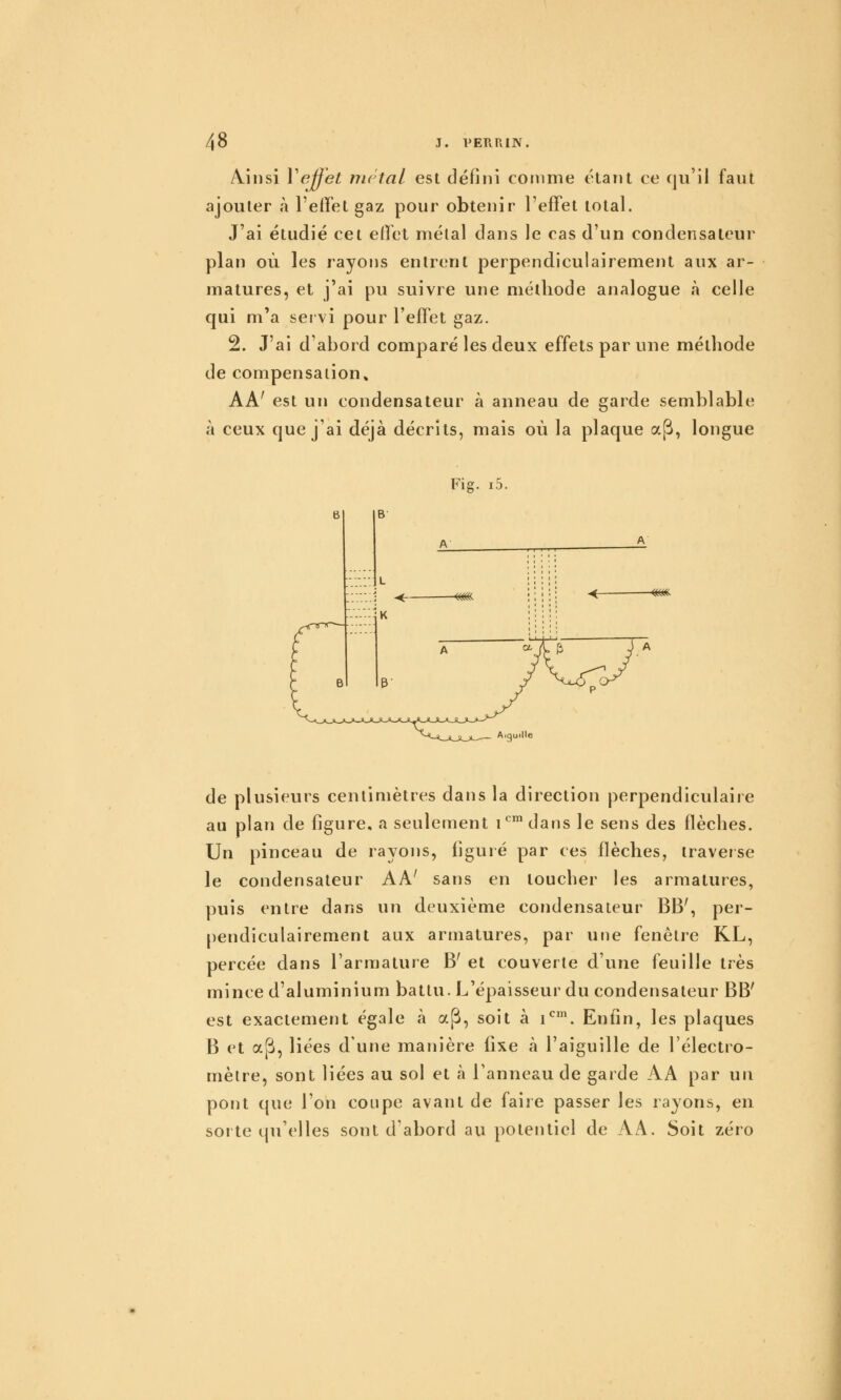 Ainsi Y effet métal est défini comme élaîit ce qu'il faut ajouter à l'effet gaz pour obtenir l'effet total. J'ai étudié cet effet métal dans le cas d'un condensateur plan où les rayons entrent perpendiculairement aux ar- matures, et j'ai pu suivre une méthode analogue à celle qui m'a servi pour l'effet gaz. 2. J'ai d'abord comparé les deux effets par une méthode de compensation» AA' est un condensateur à anneau de garde semblable à ceux que j'ai déjà décrits, mais où la plaque a[^, longue Fig. i5. de plusieurs centimètres dans la direction perpendiculaiie au plan de figure, a seulement i*^™dans le sens des flèches. Un pinceau de rayons, figuré par ces flèches, traverse le condensateur AA' sans en toucher les armatures, puis entre dans un deuxième condensateur BB', per- pendiculairement aux armatures, par une fenêtre KL, percée dans l'armature B' et couverte d'une feuille très mince d'aluminium battu. L'épaisseur du condensateur BB' est exactement égale à a^, soit à i*^™. Enfin, les plaques B et ap, liées d'une manière fixe à l'aiguille de l'électro- mèlre, sont liées au sol et à l'anneau de garde AA par un pont que l'on coupe avant de faire passer les rayons, en sorte qu'elles sont d'abord au potentiel de AA. Soit zéro