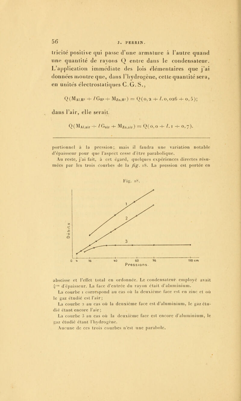 Iricilé positive qui passe d'une armature à l'autre quand une quantité de rayons Q entre dans le condensateur. L'application immédiate des lois élémentaires que j'ai données montre que, dans l'hydrogène, cette quantité sera, en unités électrostatiques G. G. S., Q(Mai,h-= -+- IGii^-h Mzn,H--) = Q(o, 2 + 1.0,026 -4-0,5); dans l'air, elle serait Q(MAl,air + /Gair + Mzn.air) = Q( O, O -4- /. I + O, 7). portionnel à la pression; mais il faudra une variation notable d'épaisseur pour que l'aspect cesse d'être parabolique. Au reste^ j'ai fait, à cet égard, quelques expériences directes résu- mées par les trois courbes de la fig. 18. La pression est portée en Fie. 18. ifO 60 Pressions. no cm abscisse et l'efîet total en ordonnée. Le condensateul- employé avait 4* d'épaisseur. La face d'entrée du rayon était d'aluminium. La courbe i correspond au cas où la deuxième face est en zinc cl où le gaz étudié est l'air; La courbe 2 au cas où la deuxième face est d'aluminium, le gaz étu- dié étant encore l'air; La courbe 3 au cas où la deuxième face est encore d'aluminium, le gaz étudié étant l'hydrogène. Aucune de ces trois courbes n'est une parabole.