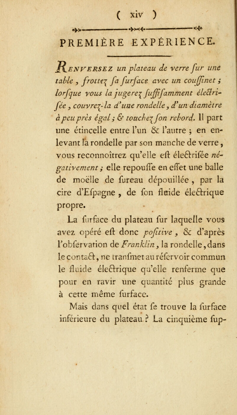 ^_ ^<4> i <4* PREMIÈRE EXPÉRIENCE Renversez un plateau de verre fur une table , frotte^ fa furface avec un coujjinet ; lorfque vous la jugere^ fujffamment électri- fée , couvrer^la d'une rondelle, d'un diamètre à peu près égal ; & touche^fon rebord. Il part une étincelle entre l'un & l'autre ; en en- levant la rondelle par son manche de verre, vous reconnoîtrez qu'elle eft éle&rifée né- gativement ; elle repouffe en effet une balle de moelle de fureau dépouillée , par la cire d'Efpagne , de fon fltride éleârique propre. La furface du plateau fur laquelle vous avez opéré eft donc poftive, & d'après Fohfervarion de Franklin> la rondelle,dans le contaft, ne tranfmet au réfervoir commun le fluide éleftrique qu'elle renferme que pour en ravir une quantité plus grande à cette même furface. Mais dans quel état fe trouve la furface inférieure du plateau ? La cinquième fup-