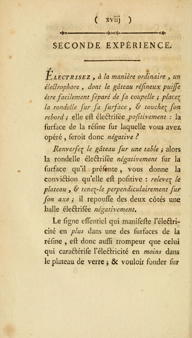 SECONDE EXPÉRIENCE. ±Llectrisez > à la manière ordinaire y un électrophôre , dont le gâteau réjineux puiffe être facilement féparé de fa coupelle ; place^ la rondelle fur fa furface > & toucher^ fon rebord ; elle eft éle&rifée pofitivement : la furface de la réfine fur laquelle vous avez; opéré , feroit donc négative ? Renverfe^ le gâteau fur une table ; alors la rondelle éle&rifée négativement fur la furface qu'il préfente, vous donne la conviftion qu'elle eft pofitive : relevé^ le plateau > & tene^-le perpendiculairement fur fon axe ; il repoufle des deux côtés une balle éleftrifée négativement. Le figne effentiel qui manifefte l'éle&ri- cité en plus dans une des furfaces de la réfine , eft donc auffi trompeur que celui qui cara&érife l'éle&ricité en moins dans le plateau de verre j & vouloir fonder fur