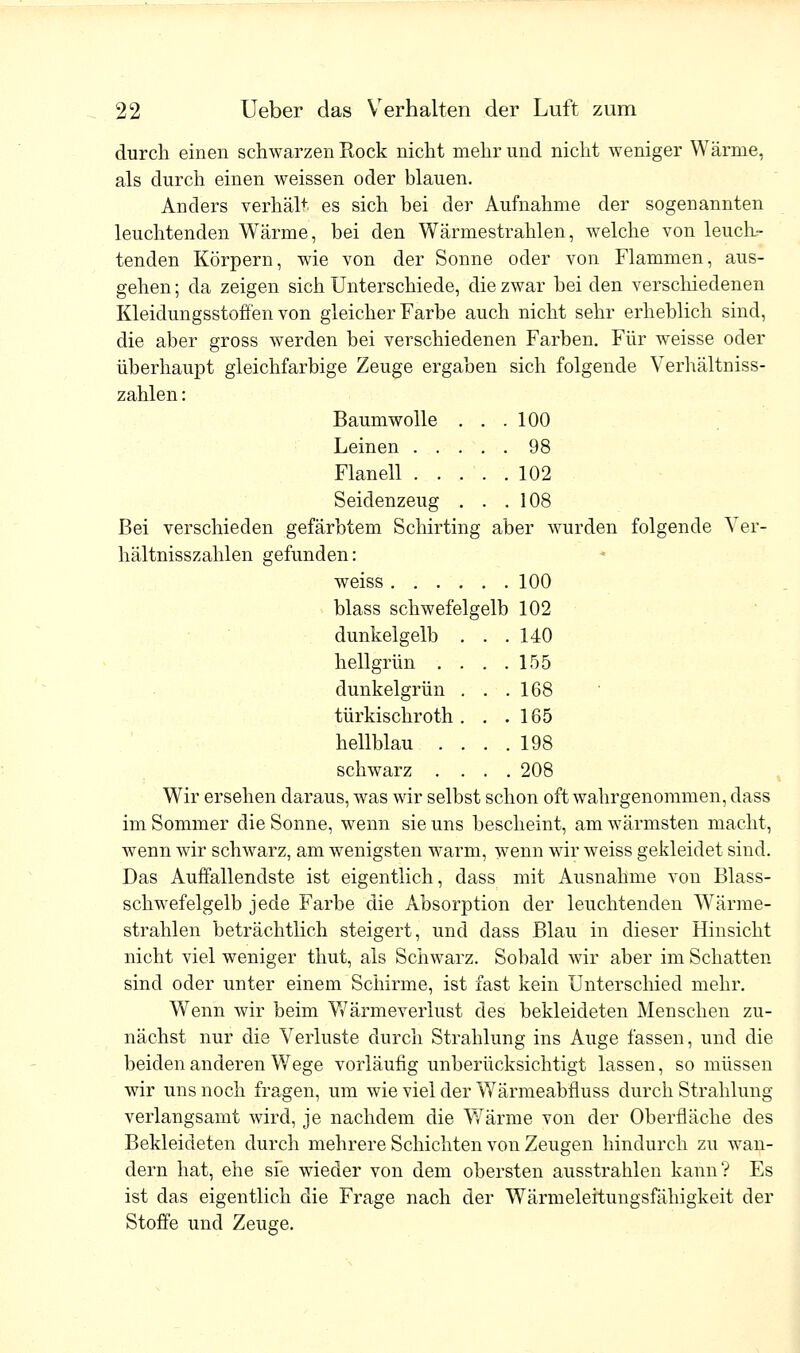 durch einen schwarzen Rock nicht mehr und nicht weniger Wärme, als durch einen weissen oder blauen. Anders verhält, es sich bei der Aufnahme der sogenannten leuchtenden Wärme, bei den Wärmestrahlen, welche von leuch- tenden Körpern, wie von der Sonne oder von Flammen, aus- gehen ; da zeigen sich Unterschiede, die zwar bei den verschiedenen Kleidimgsstoffen von gleicher Farbe auch nicht sehr erheblich sind, die aber gross werden bei verschiedenen Farben. Für weisse oder überhaupt gleichfarbige Zeuge ergaben sich folgende Verhältniss- zahlen : Baumwolle . . .100 Leinen 98 Flanell 102 Seidenzeug . . .108 Bei verschieden gefärbtem Schirting aber wurden folgende Ver- hältnisszahlen gefunden: weiss 100 blass schwefelgelb 102 dunkelgelb . . .140 hellgrün . . . .155 dunkelgrün . . .168 türkischroth . . .165 hellblau . . . .198 schwarz .... 208 Wir ersehen daraus, was wir selbst schon oft wahrgenommen, dass im Sommer die Sonne, wenn sie uns bescheint, am wärmsten macht, wenn wir schwarz, am wenigsten warm, wenn wir weiss gekleidet sind. Das Auffallendste ist eigentlich, dass mit Ausnahme von Blass- schwefelgelb jede Farbe die Absorption der leuchtenden Wärme- strahlen beträchtlich steigert, und dass Blau in dieser Hinsicht nicht viel weniger thut, als Schwarz. Sobald wir aber im Schatten sind oder unter einem Schirme, ist fast kein Unterschied mehr. Wenn wir beim Wärmeverlust des bekleideten Menschen zu- nächst nur die Verluste durch Strahlung ins Auge fassen, und die beiden anderen Wege vorläufig unberücksichtigt lassen, so müssen wir uns noch fragen, um wie viel der Wärmeabfluss durch Strahlung verlangsamt wird, je nachdem die Wärme von der Oberfläche des Bekleideten durch mehrere Schichten von Zeugen hindurch zu wan- dern hat, ehe sfe wieder von dem obersten ausstrahlen kann? Es ist das eigentlich die Frage nach der Wärmeleitungsfähigkeit der Stoffe und Zeuge.