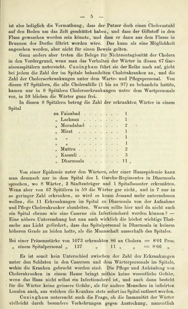 ist also lediglich die Vermutliung, dass der Putzer doch einen Cholerastuhl auf den Boden um das Zelt geschüttet haben, und dass der Giftstoff in den Fluss gewaschen worden sein könnte, und dass er dann aus dem Flusse in Brunnen des Dorfes filtrirt worden wäre. Das kann als eine Möglichkeit angesehen werden, aber nicht für einen Beweis gelten. Ganz anders aber treten die Belege für Nichtcontagiosität der Cholera in den Vordergrund, wenn man das Verhalten der V^ärter in diesen 67 Gar- nisonsspitälern untersucht. Cuningham führt sie der Reihe nach auf, giebt bei jedem die Zahl der im Spitale behandelten Cholerakranken an, und die Zahl der Choleraerkrankungen unter dem Warte- und Pflegepersonal. Von diesen 67 Spitälern, die alle Cholerafälle (1 bis zu 97) zu behandeln hatten, kamen nur in 8 Spitälern Choleraerkrankungen unter dem Wartpersonale vor, in 59 blieben die Wärter ganz frei. In diesen 8 Spitälern betrug die Zahl der erkrankten Wärter in einem Spital zu Faizabad 1 „ Lacknau 1 „ Moradabad 2 v „ Mirat 1 5? » ' ' ' „ „ ........ 1 „ Muttra 2 ,, Kasauli 3 ,, Dharmsala 11 , Von einer Epidemie unter den Wärtern, oder einer Hausepidemie kann man demnach nur in dem Spital des I. Gurcha-Regimentes in Dharmsala sprechen, wo 8 Wärter, 2 Sänftenträger und 1 Spitalbeamter erkrankten. Wenn aber von 67 Spitälern in 59 die Wärter gar nicht, und in 7 nur in so geringer Zahl erkranken, so wird es kaum Jemand mehr unternehmen wollen, die 11 Erkrankungen im Spital zu Dharmsala von der Aufnahme und Pflege Cholerakranker abzuleiten. Warum sollte hier und da nicht auch ein Spital ebenso wie eine Caserne ein Infectionsherd werden können? — Eine nähere Untersuchung hat nun auch wirklich die höchst wichtige That- sache ans Licht gefördert, dass das Spitalpersonal in Dharmsala in keinem höheren Grade zu leiden hatte, als die Mannschaft ausserhalb des Spitales. Bei einer Präsenzstärke von 1073 erkrankten 86 an Cholera =: 8*01 Proc. „ einem Spitalpersonal „ 127 „ H „ „ = ^'QQ » Es ist somit kein Unterschied zwischen der Zahl der Erkrankungen unter den Soldaten in den Casernen und dem Wärterpersonale im Spitale, wohin die Kranken gebracht worden sind. Die Pflege und Anhäufung von Cholerakranken in einem Hause bringt mithin keine wesentliche Gefahr, wenn das Haus nicht selbst ein Infectionsherd ist, und auch dann besteht für die Wärter keine grössere Gefahr, als für andere Menschen in inficirten Localen auch, aus welchen die Kranken stets sofort ins Spital entleert werden. Cuningham untersucht auch die Frage, ob die Immunität der Wärter vielleicht durch besondere Vorkehrungen gegen Ansteckung, namentlich