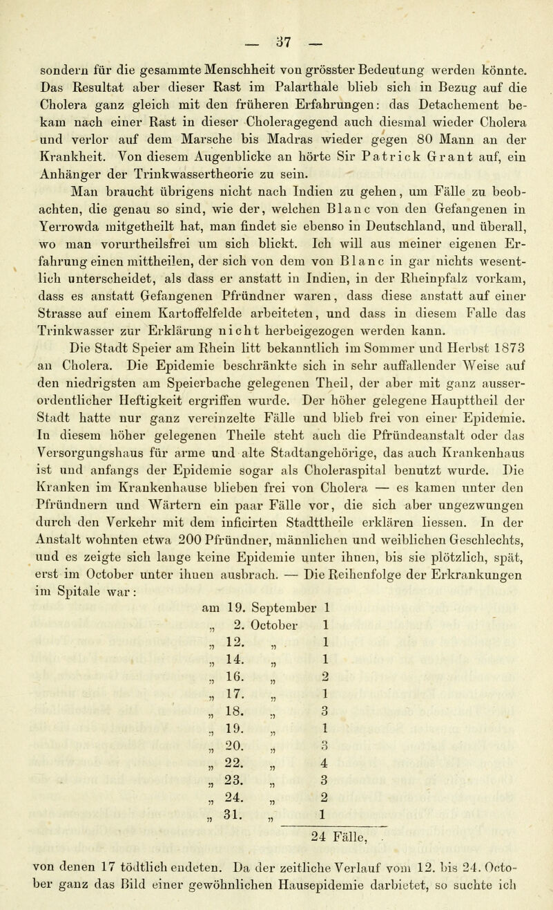 sondern für die gesammte Menschheit von grösster Bedeutung werden könnte. Das Resultat aber dieser Rast im Palarthale blieb sich in Bezug auf die Cholera ganz gleich mit den früheren Erfahrungen: das Detachement be- kam nach einer Rast in dieser Choleragegend auch diesmal wieder Cholera und verlor auf dem Marsche bis Madras wieder gegen 80 Mann an der Krankheit. Von diesem Augenblicke an hörte Sir Patrick Grant auf, ein Anhänger der Trinkwassertheorie zu sein. Man braucht übrigens nicht nach Indien zu gehen, um Fälle zu beob- achten, die genau so sind, wie der, welchen Blaue von den Gefangenen in Yerrowda mitgetheilt hat, man findet sie ebenso in Deutschland, und überall, wo man vorurtheilsfrei um sich blickt. Ich will aus meiner eigenen Er- fahrung einen mittheilen, der sich von dem von Blanc in gar nichts wesent- lich unterscheidet, als dass er anstatt in Indien, in der Rheinpfalz vorkam, dass es anstatt Gefangenen Pfründner waren, dass diese anstatt auf einer Strasse auf einem Kartoffelfelde arbeiteten, und dass in diesem Falle das Trinkwasser zur Erklärung nicht herbeigezogen werden kann. Die Stadt Speier am Rhein litt bekanntlich im Sommer und Herbst 1873 an Cholera. Die Epidemie beschränkte sich in sehr auffallender Weise auf den niedrigsten am Speierbache gelegenen Theil, der aber mit ganz ausser- ordentlicher Heftigkeit ergriffen wurde. Der höher gelegene Haupttheil der Stadt hatte nur ganz vereinzelte Fälle und blieb frei von einer Epidemie. In diesem höher gelegenen Theile steht auch die Pfründeanstalt oder das Versorgungshaus für arme und alte Stadtangehörige, das auch Krankenhaus ist und anfangs der Epidemie sogar als Choleraspital benutzt wurde. Die Kranken im Krankenhause blieben frei von Cholera — es kamen unter den Pfründnern und Wärtern ein paar Fälle vor, die sich aber ungezwungen durch den Verkehr mit dem inficirten Stadttheile erklären Hessen. In der Anstalt wohnten etwa 200 Pfründner, männlichen und weiblichen Geschlechts, und es zeigte sich lauge keine Epidemie unter ihnen, bis sie plötzlich, spät, erst im October unter ihnen ausbrach. — Die Reihenfolge der Erkrankungen im Spitale war: am 19. September 1 2. October 1 12. 75 1 14. 5? 1 16. n 2 17. !7 1 18. :? 3 19. » 1 20. ?5 3 22. 55 4 23. n 3 24. 55 2 31. 55 1 24 Fälle, von denen 17 tödtlich endeten. Da der zeitliche Verlauf vom 12. bis 24. Octo- ber ganz das Bild einer gewöhnlichen Hausepidemie darbietet, so suchte ich