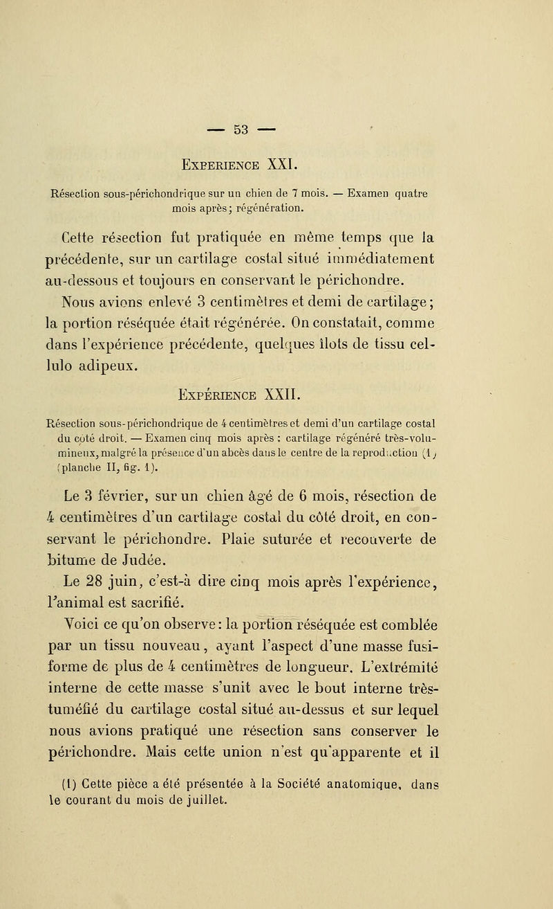Expérience XXI. Réseclion sous-périchondrique sur un chien de 7 mois. — Examen quatre mois après; régénération. Cette résection fut pratiquée en même temps que la précédente, sur un cartilage costal situé immédiatement au-dessous et toujours en conservant le périchondre. Nous avions enlevé 3 centimètres et demi de cartilage ; la portion réséquée était régénérée. On constatait, comme dans l'expérience précédente, quelques îlots de tissu cel- lulo adipeux. Expérience XXII. Résection sous-périchondrique de 4 centimètres et demi d'un cartilage costal du coté droit. — Examen cinq mois après : cartilage régénéré très-volu- mineux, malgré la présence d'un abcès dans le centre de la reprod;.ctiou (1 ; (planclie II, fig. 1). Le 3 février, sur un chien âgé de 6 mois, résection de 4 centimètres d'un cartilage costal du côté droit, en con- servant le périchondre. Plaie suturée et l'ecouverte de bitume de Judée. Le 28 juin, c'est-à dire cinq mois après Texpérience, ranimai est sacrifié. Voici ce qu'on observe : la portion réséquée est comblée par un tissu nouveau, ayant l'aspect d'une masse fusi- forme de plus de 4 centimètres de longueur. L'extrémité interne de cette masse s'unit avec le bout interne très- tuméiié du cartilage costal situé au-dessus et sur lequel nous avions pratiqué une résection sans conserver le périchondre. Mais celte union n'est qu'apparente et il (l) Cette pièce a été présentée à la Société anatomique, dans le courant du mois de juillet.